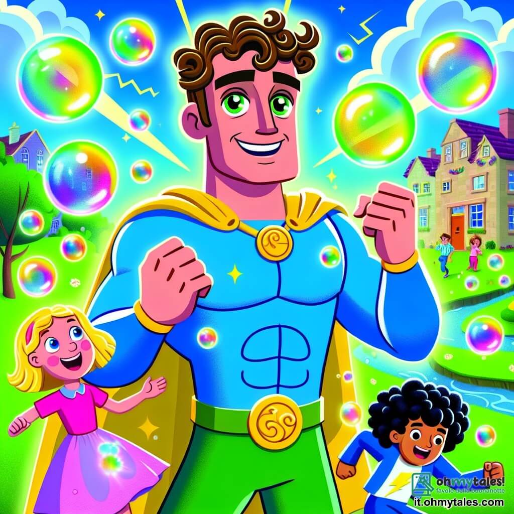 Un supereroe uomo, chiamato Gigante Buono, si trova al centro dell'immagine, con un grande sorriso e occhi brillanti di determinazione. È alto e muscoloso, indossa una t-shirt blu vivace e pantaloni verdi, con capelli ricci e un mantello che fluttua dietro di lui. Alla sua destra, Super Bolla, una ragazza di circa 8 anni, crea bolle colorate che fluttuano intorno a loro. Ha capelli biondi e un vestito rosa, e ride gioiosamente guardando le bolle. Alla sua sinistra, Lampo, un ragazzo di 7 anni, corre rapidamente, con i capelli neri che volano nel vento, indossando un abbigliamento giallo con fulmini disegnati sulla t-shirt. La scena si svolge in una città gioiosa, con case colorate, alberi verdi e un cielo blu punteggiato di nuvole bianche. Sullo sfondo, si vede una grande nuvola scura, Malefica, che sembra triste, mentre raggi di sole iniziano a filtrare. La situazione principale mostra Gigante Buono e i suoi amici, Super Bolla e Lampo, che si avvicinano a Malefica per offrirle la loro amicizia e portare gioia nella città.