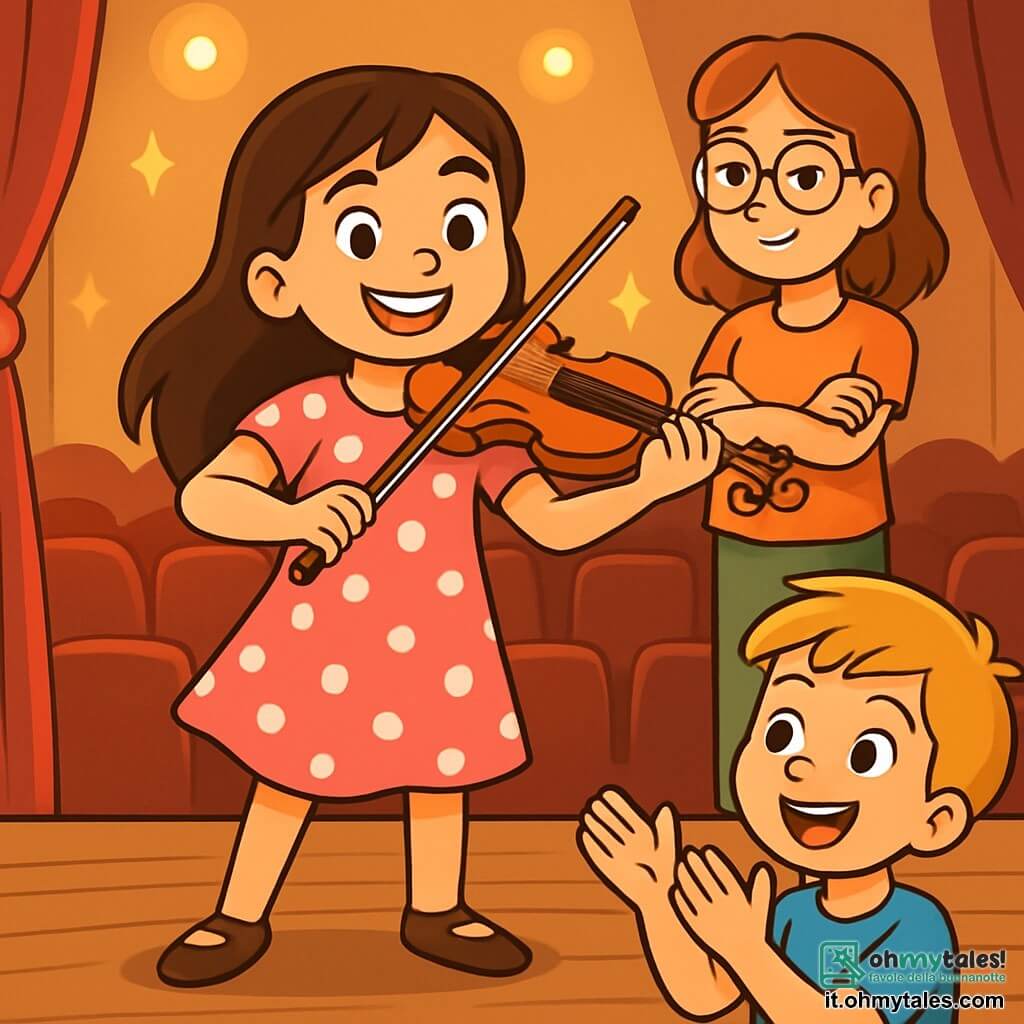 Una ragazza di 10 anni, Sofia, con lunghi capelli castani e occhi brillanti di determinazione, è in piedi su un palco di legno, tenendo un violino. Indossa un vestito rosa a pois bianchi e mostra un grande sorriso, esprimendo fiducia e gioia. Accanto a lei, sua sorella Marta, di 12 anni, con capelli castani e occhiali rotondi, la incoraggia con uno sguardo fiero, le braccia incrociate, rimanendo leggermente in disparte. Sotto il palco, il suo amico Marco, un ragazzo di 10 anni con capelli biondi e una maglietta blu, applaude con entusiasmo, gli occhi brillanti di ammirazione. Il luogo è un auditorium accogliente, con sedili in velluto rosso e luci scintillanti che illuminano il palco. La scena principale mostra Sofia che suona con passione, circondata da un pubblico affascinato, mentre supera la sua paura e abbraccia la sua fiducia in se stessa.