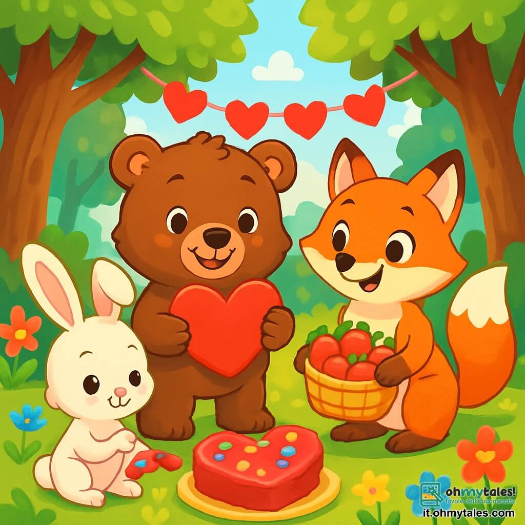 Un piccolo orso bruno, di nome Bruno, con un pelliccia morbida e occhi scintillanti di gioia, si trova al centro della scena, sorridendo ampiamente mentre tiene un grande cuore rosso di carta. Accanto a lui, una volpe rossa di nome Fiorella, con un pelliccia splendente e un'espressione giocosa, tiene un cesto pieno di fragole succose. Un piccolo coniglio bianco, Tito, con grandi orecchie e uno sguardo curioso, è seduto sull'erba, mentre decora una torta a forma di cuore con caramelle colorate. La scena si svolge in una foresta incantata, con alberi maestosi dalle foglie verdi brillanti, fiori colorati che crescono intorno e raggi di sole che filtrano tra i rami, creando un'atmosfera calda e gioiosa. Sullo sfondo, ghirlande di cuori di carta fluttuano nell'aria, aggiungendo un tocco festoso all'insieme. Bruno e i suoi amici celebrano insieme la festa di San Valentino, circondati da risate e gioia, condividendo dolcetti e momenti di amicizia.