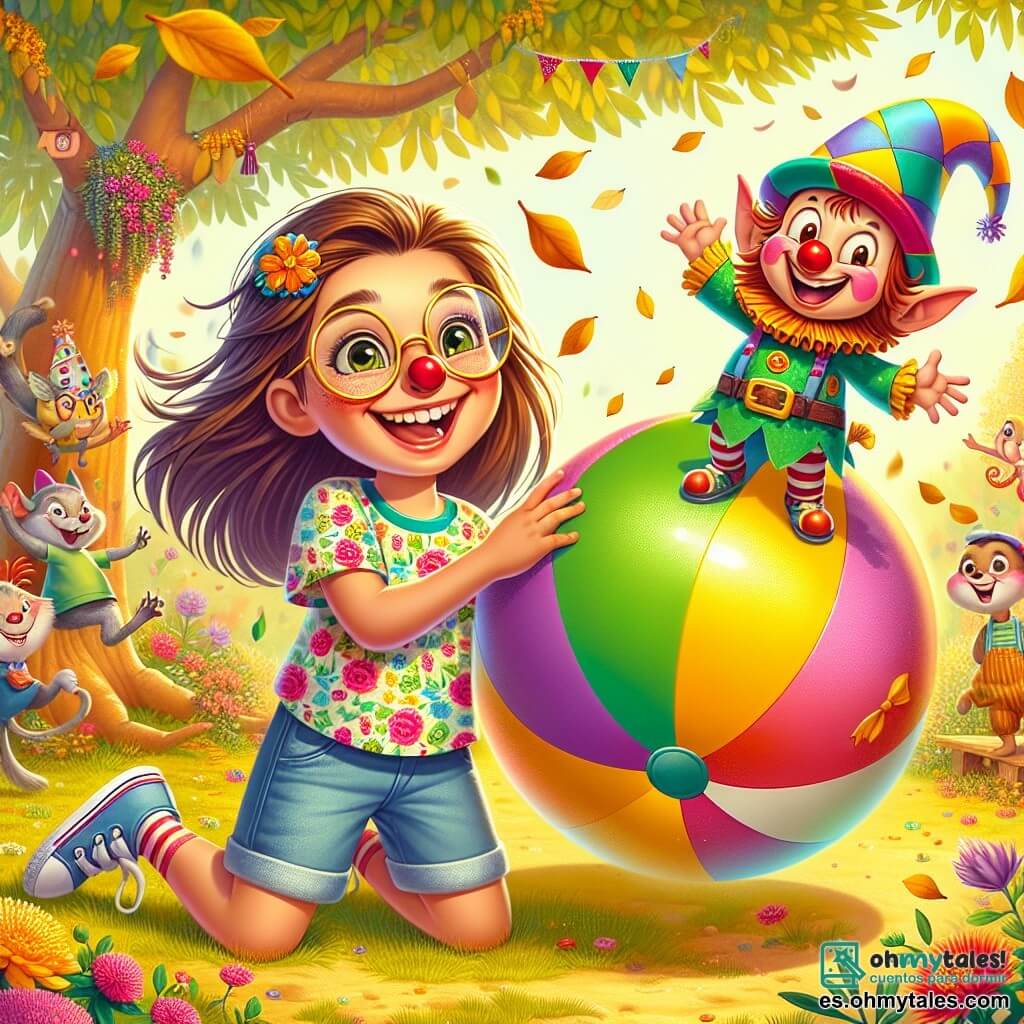 Una niña de 10 años llamada Sofía, con largos cabellos castaños y gafas redondas, está en el centro de la imagen, riendo con ojos llenos de alegría. Lleva una camiseta colorida con motivos de flores y un short de mezclilla, sosteniendo una gran pelota de playa decorada con caras de payaso. A su lado, un pequeño duende llamado Tico, con un sombrero puntiagudo multicolor y una barba roja, realiza una pirueta en el aire, mostrando una gran sonrisa traviesa. En el fondo, el jardín está lleno de flores coloridas, un gran árbol con hojas doradas y animales divertidos como ardillas danzantes y pájaros cantores, creando una atmósfera alegre y mágica. La escena muestra a Sofía y Tico preparando una fiesta en el jardín, rodeados de animales que se divierten, mientras hojas caen suavemente de las ramas, añadiendo un toque de magia al conjunto.