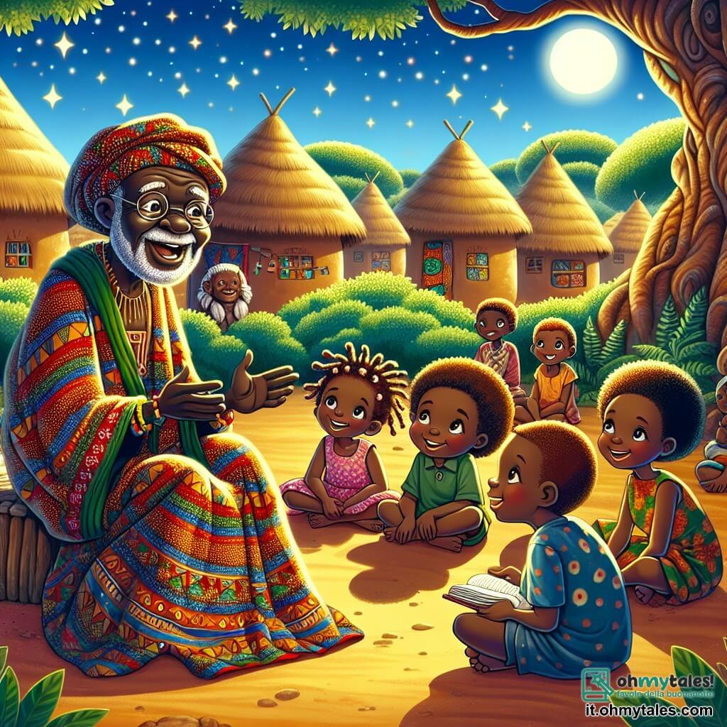 Un uomo anziano, Baba Juma, si trova al centro della scena, con un ampio sorriso caloroso sul volto rugoso. Indossa una tunica colorata con motivi africani vivaci e un cappello di paglia. I suoi occhi brillano di saggezza mentre parla ai bambini, gesticolando con entusiasmo. Intorno a lui, diversi bambini ascoltano attentamente. Tra loro, una ragazza di otto anni, Amina, con i capelli crespi e lucenti, guarda Baba Juma con ammirazione. Indossa un vestito di tessuto leggero dai colori vivaci e tiene un piccolo quaderno in mano, pronta a prendere appunti. Un ragazzo di sette anni, Kofi, con occhi rotondi e curiosi, è seduto a gambe incrociate, le mani sulle ginocchia, affascinato dalle storie del saggio. La scena si svolge in un pittoresco villaggio africano, con capanne di terra battuta e alberi maestosi sullo sfondo. Il sole splende alto nel cielo, illuminando il paesaggio verde e creando un'atmosfera calda e accogliente. Baba Juma racconta una storia affascinante sulla natura, mentre i bambini, meravigliati, si lasciano trasportare dalle sue parole. L'aria è piena di risate e curiosità, e la magia della saggezza ancestrale unisce tutti i personaggi in un momento di armonia e apprendimento.