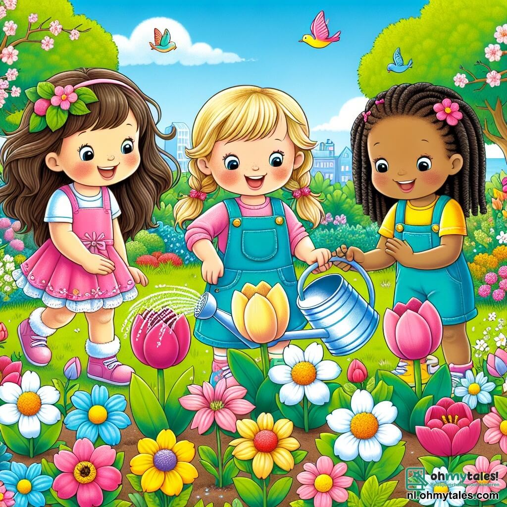 Drie kleine meisjes, Anna, Mia en Sara, zijn in een bloeiende tuin. Anna, een 7-jarig meisje met lang bruin haar en een roze jurk, zit bij een bloem en bewondert de kleuren. Mia, een 6-jarig meisje met vlechten en een blauwe overall, houdt een gieter vast en glimlacht naar de bloemen. Sara, een 8-jarig meisje met rood haar en een gele t-shirt, staat met uitgestrekte armen, alsof ze de lente verwelkomt. De tuin is gevuld met schitterende bloemen: roze tulpen, gele narcissen en witte madeliefjes, onder een heldere blauwe lucht met witte wolken. Vogels zingen vrolijk in de groene bomen en een lichte bries laat de bladeren dansen. De drie meisjes hebben plezier met het besproeien van de bloemen, lachend en verwonderd over de schoonheid van de omringende lente.