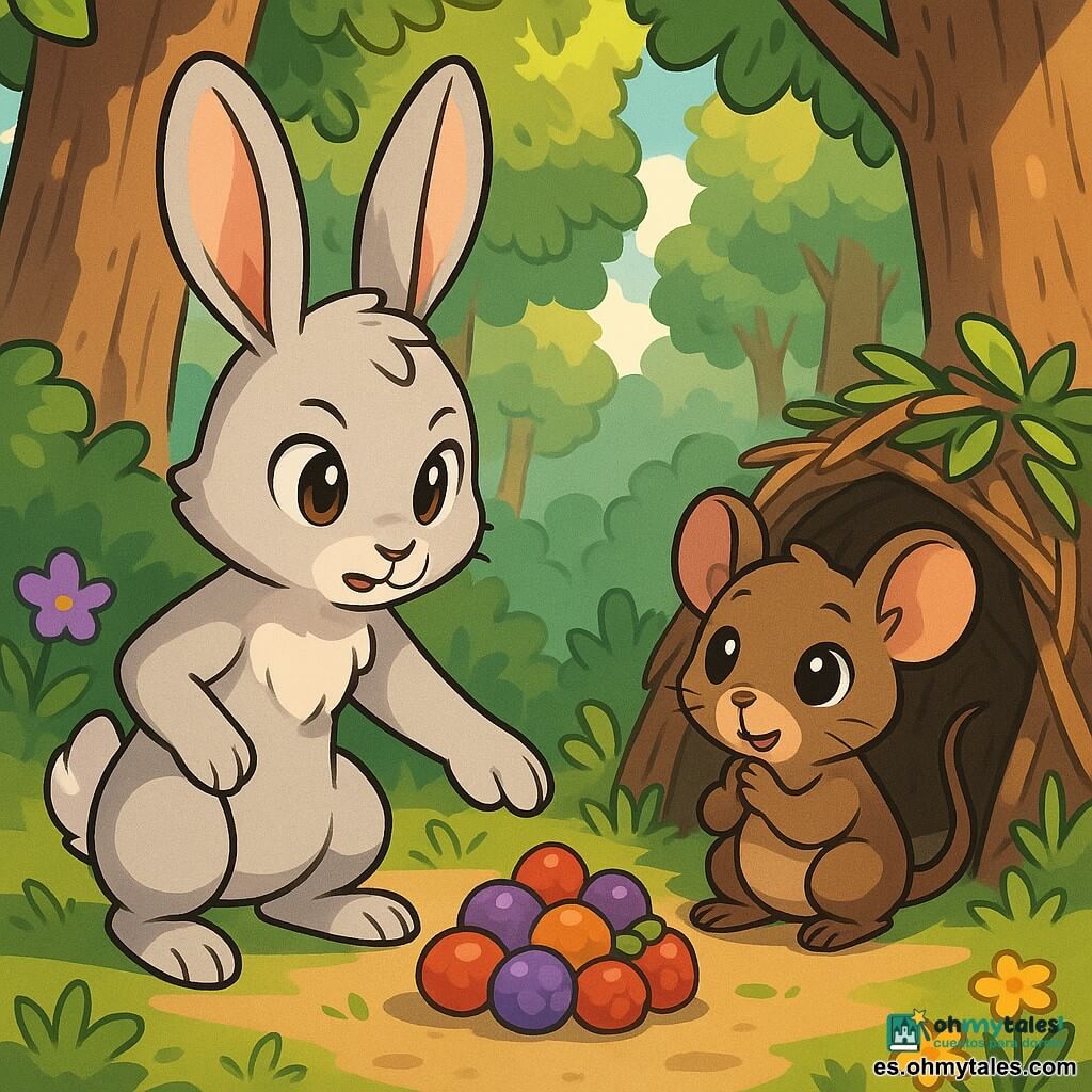 Lila, una pequeña liebre de ojos brillantes y pelaje gris claro, se encuentra en el centro de la imagen, con una expresión de determinación y curiosidad. Está extendiendo una pata hacia un grupo de pequeños frutos coloridos, listos para compartir. A su lado, Nico, un pequeño mapache de pelaje marrón y grandes orejas, observa a Lila con esperanza y admiración, cerca de su madriguera hecha de ramitas y hojas, ansioso por recibir ayuda. El escenario es un rincón del bosque de Robles Altos, con grandes árboles, hojas verdes brillantes y flores silvestres en el suelo. La luz del sol filtra entre las ramas, creando sombras suaves. La situación principal muestra a Lila y Nico preparando un pequeño festín con los frutos que Lila ha traído, simbolizando la ayuda mutua y la solidaridad en su comunidad.