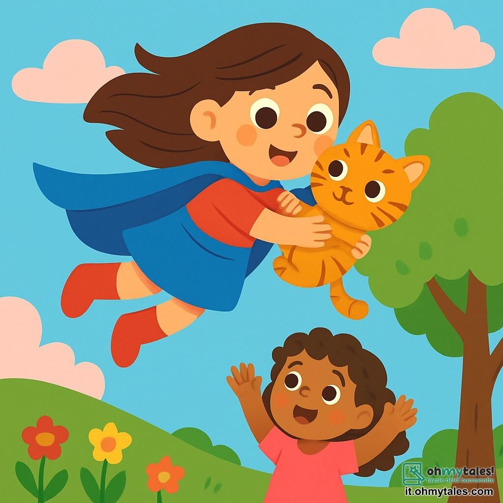 Mila, una supereroina sorridente, indossa un brillante mantello blu e stivaletti rossi. I suoi lunghi capelli fluttuano nel vento e i suoi occhi brillano di gioia mentre vola nel cielo. Accanto a lei, un piccolo gattino dal pelo morbido e tigrato, con grandi occhi curiosi, è rannicchiato tra le sue braccia. Sembra felice e sollevato. In basso, una bambina di 6 anni, con capelli ricci e vestita di rosa, alza le braccia con meraviglia, guardando Mila e il gattino. Lo sfondo è un magnifico paesaggio di Luminia, con un cielo azzurro, nuvole rosa e fiori colorati che danzano al vento. La scena principale mostra Mila che vola per salvare il gattino bloccato in un albero, mentre la bambina ammira la scena con occhi sbalorditi.
