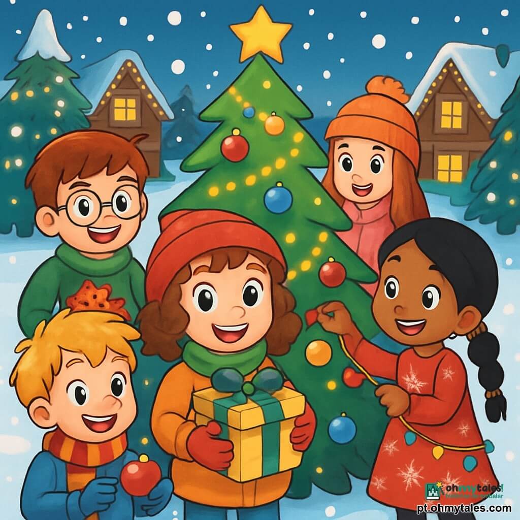 Há 5 crianças: - Clara: uma menina de 9 anos, com grandes olhos azuis brilhantes e cabelos castanhos cacheados, usando um gorro vermelho e um cachecol verde. Ela está no centro, sorrindo, segurando uma caixa de presentes. - Tomás: um menino de 10 anos, com cabelos loiros bagunçados e sardas no nariz, vestido com um casaco azul e um cachecol listrado. Ele está à esquerda de Clara, segurando uma bola de Natal brilhante. - Leonor: uma menina de 8 anos, com cabelos negros trançados e um sorriso radiante, vestida com um vestido vermelho com padrões de flocos de neve. Ela está à direita de Clara, decorando um pinheiro de Natal com guirlandas. - Gabriel: um menino de 9 anos, com cabelos castanhos curtos e óculos redondos, usando um suéter verde com um rena desenhada. Ele está atrás de Clara, segurando uma cesta cheia de biscoitos de Natal. - Inês: uma menina de 9 anos, com cabelos longos e lisos, vestida com um casaco rosa e um gorro com pompom. Ela está um pouco atrás, sorrindo e olhando para os outros. O local é uma charmosa praça de vila, coberta por uma espessa camada de neve cintilante. Grandes pinheiros decorados com luzes coloridas cercam a praça, e casas de madeira com telhados nevados são iluminadas por guirlandas douradas. No centro, um grande pinheiro de Natal brilha intensamente, cercado por flocos de neve caindo suavemente. A cena principal mostra as crianças reunidas em torno do pinheiro de Natal, rindo e decorando a árvore com guirlandas e bolas coloridas, enquanto compartilham biscoitos e cantam canções de Natal, criando uma atmosfera alegre e festiva.