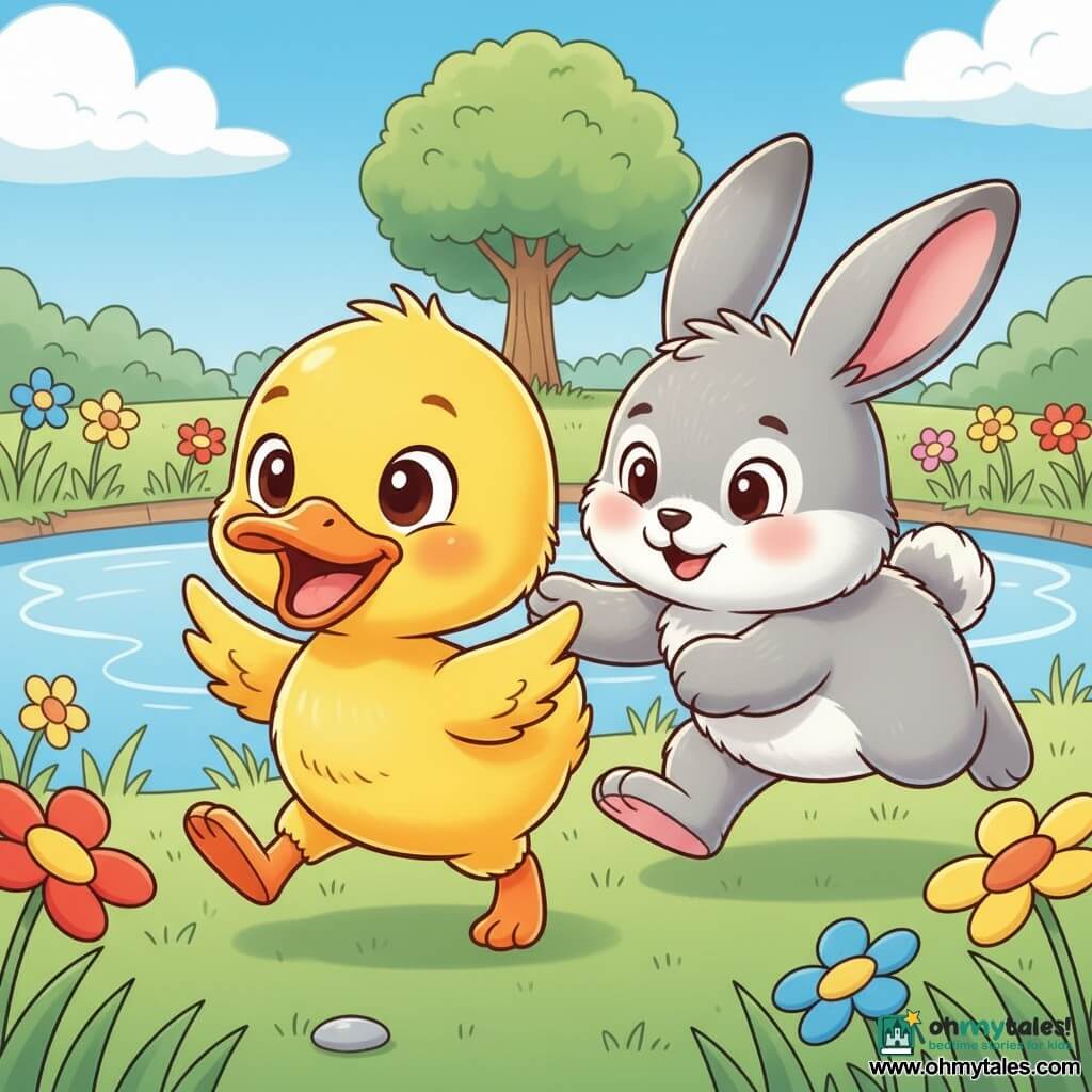 A small bright yellow duck with shiny feathers, round expressive eyes and a slightly surprised, joyful look is stumbling forward with one wing raised; a soft gray rabbit named Fluffy with large pink ears and fluffy fur runs up from just behind to offer a paw and help. The background shows a light-blue reflective pond, tender green grass dotted with colorful flowers, and a distant round-foliaged tree under a blue sky with a few fluffy white clouds. Main situation: a friendly race between friends where the duck trips on a small pebble and the rabbit returns to help, conveying helpfulness and smiles, with simple composition, saturated colors, soft outlines and rounded shapes.
