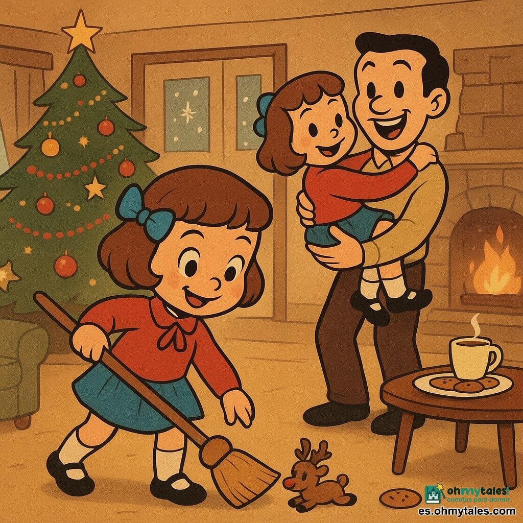 Niña de 4 años, feliz y concentrada, con mejillas sonrosadas y suéter rojo con renos, barre cerca del gran árbol de Navidad decorado; encuentra una pequeña figurita de reno bajo el sofá y una galleta en el suelo; la madre (unos 30 años) aplaude en la puerta y el padre (unos 32) la sostiene riendo, ambos la miran con ternura; ambiente cálido y festivo con chimenea crepitando, ventana con copos de nieve, mesa con galletas y chocolate caliente, iluminación cálida, estilo amigable y sin elementos aterradores.
