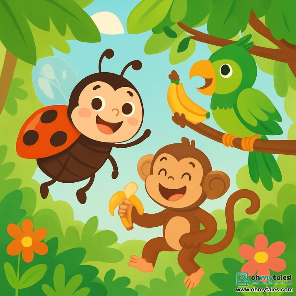 A little ladybug named Lulu, with a bright red back dotted with black spots, expresses radiant joy with a big smile and sparkling eyes. She joyfully flies through the air, her translucent wings shining in the sun. Next to her, a mischievous monkey named Bongo, with brown fur and playful eyes, swings on a branch, laughing and holding a banana. A colorful parrot, Penny, with bright green and yellow feathers, perches on another branch, joyfully squawking. The scene takes place in a lush jungle filled with tall trees, vibrant green leaves, colorful flowers, and sunlight filtering through the foliage. On the ground, jungle animals gather for a joyful parade, creating a festive and lively atmosphere. Lulu, the ladybug, is searching for her missing spots, surrounded by her friends, laughing and having fun while they search together in the jungle.