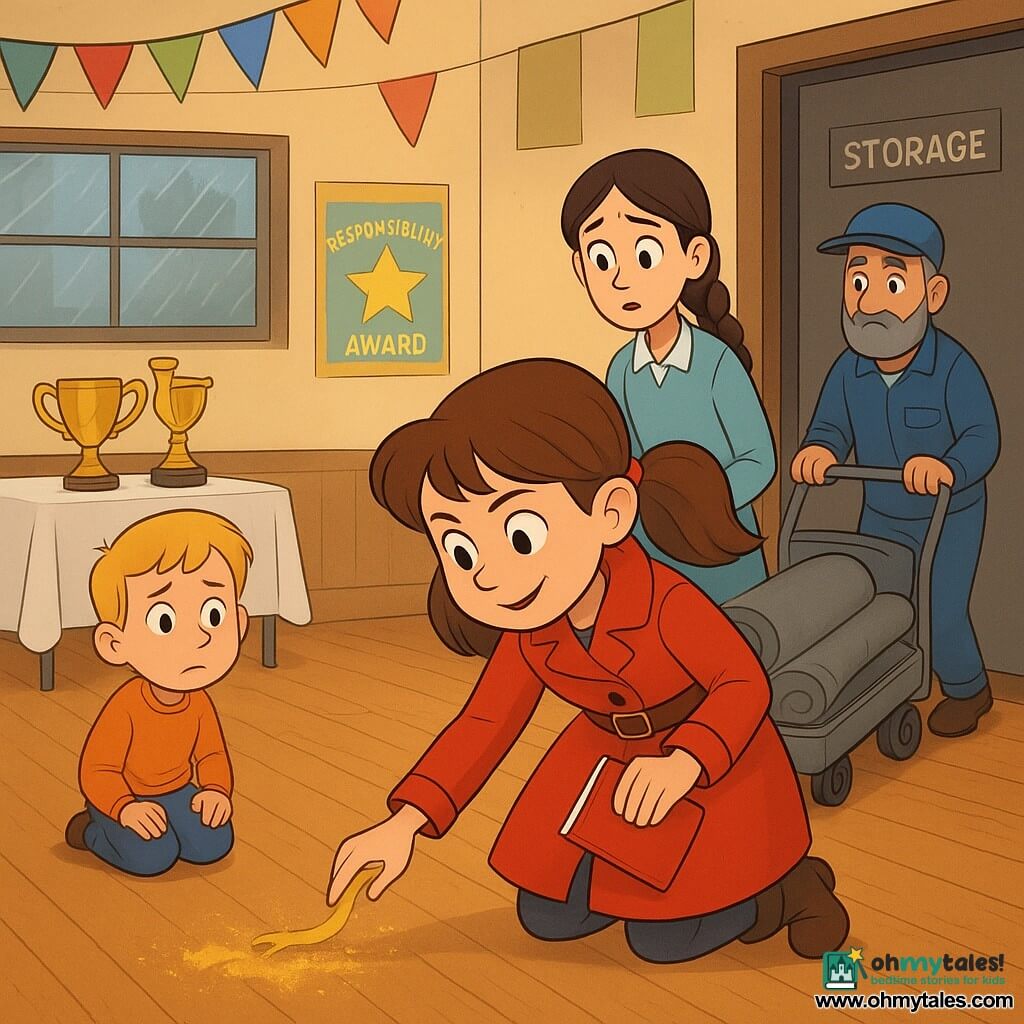 A 10-year-old girl detective with brown pigtails, a focused smile, red coat and red notebook bends to pick up a gold ribbon from a dusty wooden floor; Sam, a shy blond boy of about 6, sits left by the trophy table looking at her; Bella, about 11 with braided brown hair, stands to the right behind the detective, worried but relieved, holding a corner of a crumpled tablecloth; a 50-year-old janitor with a gray beard and blue cap pushes a gray cart with rolled rugs near the storage door in the background; setting is a busy school gym with folding tables, white tablecloths, colorful garlands, “Responsibility Award” posters and soft light through rainy windows; the detective follows a trail of gold glitter to a storage closet where a golden trophy is half hidden behind rugs, mystery resolved, expressions of relief and joy.