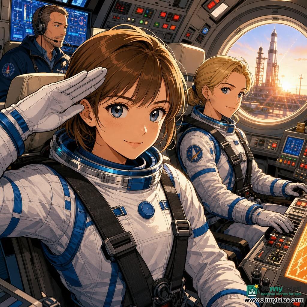 The protagonist is a young woman (about 28) in a white-and-blue pressurized spacesuit, focused yet serene, bright eyes and a faint smile, seated in her spacecraft seat and saluting the camera with a gloved hand; a secondary character is a mission controller (about 45) visible on a screen behind her, calm and attentive, wearing a headset and jacket with a logo while watching numeric displays; another secondary is a teammate (about 32) in the adjacent strapped seat, exchanging a confident look and resting a hand on a control panel; the scene is the interior of a compact, bright spacecraft cockpit with gray metal panels, red and green buttons, blue and orange displays, black harnesses and cream padded bulkheads, moments before launch with soft tension and morning light through a small round window showing the launch pad and floodlights; visual style: clean manga lines, vivid colors with soft contrast, warm face lighting, textured fabric and metal details, tight perspective centered on the astronaut.