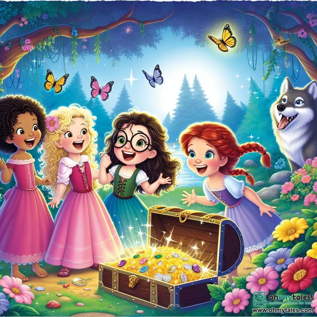 In an enchanted clearing, four brave girls stand together. On the left, Lily, a 10-year-old with curly blonde hair and a pink dress, smiles enthusiastically. To her right, Mia, a 9-year-old with straight brown hair in a blue dress, raises her arms energetically. In the center, Ella, a 10-year-old with red hair in braids, looks wide-eyed, fascinated by the scene. Finally, on the right, Daisy, an 8-year-old with brown hair and glasses, stands proudly with a bright smile. Behind them, the Big Bad Wolf, a large gray wolf with bright eyes and a friendly grin, stands at a respectful distance, watching them kindly. The clearing is filled with colorful flowers sparkling in the sun, and butterflies dance around them, creating a magical atmosphere. At the center, an open treasure chest shines brightly, revealing sparkling gems and golden coins. The girls, gathered around the chest, express their joy and wonder, while the wolf encourages them to celebrate their bravery and friendship.