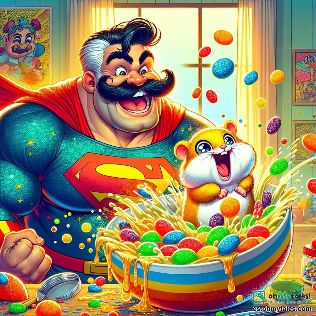 Super Bigote, un hombre musculoso con una gran sonrisa, lleva un traje colorido con motivos de cómics. Su largo bigote negro flota en el viento mientras intenta atrapar a su hámster Bolita, un pequeño roedor de pelaje dorado, que revolotea alegremente en el aire, rodeado de burbujas de gelatina colorida. Bolita, con ojos brillantes de emoción, está planeando sobre un tazón de cereales volcado, donde la gelatina resplandeciente se extiende a su alrededor. La escena se desarrolla en una habitación desordenada, llena de juguetes esparcidos, carteles de superhéroes en las paredes y una ventana abierta que deja entrar la luz del sol. Super Bigote, con un aire decidido y divertido, intenta salvar a Bolita de la gelatina gigante que amenaza con engullirlo, mientras risas resuenan en el aire.