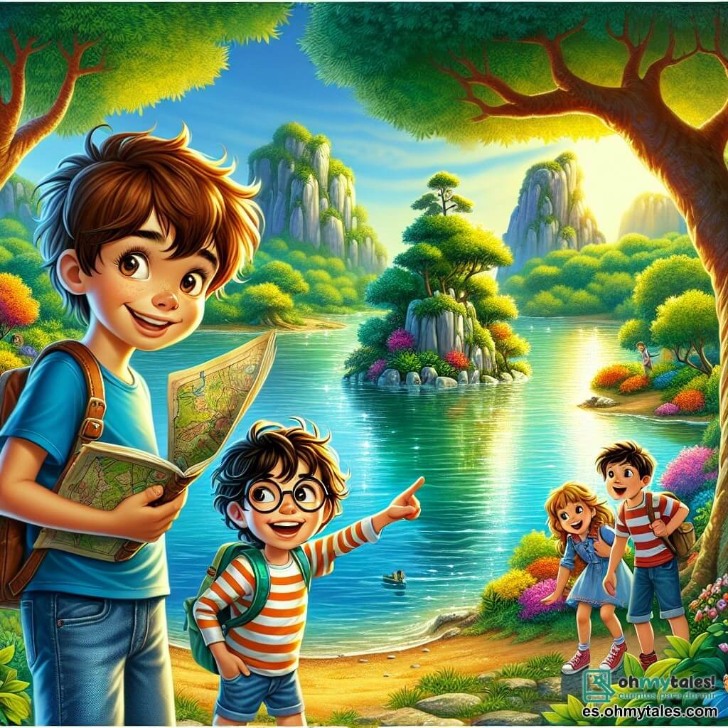 Un niño de 10 años, Lucas, con cabello castaño desordenado y ojos brillantes de curiosidad, se encuentra al borde de un lago cristalino. Lleva una camiseta azul y un pantalón corto de mezclilla, y su rostro expresa alegría y asombro mientras observa una pequeña isla en el centro del lago. A su lado, su mejor amiga Sofía, una niña de 10 años con cabello largo y rizado, vestida con un vestido colorido, sonríe entusiasmada señalando la isla misteriosa. Un poco más atrás, Mateo, un niño de 10 años con gafas y una camiseta a rayas, observa la escena con incredulidad y emoción, sosteniendo un viejo mapa en sus manos. El paisaje es encantador: árboles majestuosos con hojas verdes brillantes rodean el lago y flores coloridas bordean la orilla. El cielo es de un azul brillante, salpicado de nubes blancas y esponjosas, y el sol brilla, creando reflejos brillantes en el agua. La escena principal muestra a Lucas, Sofía y Mateo listos para embarcarse en un pequeño bote de madera para cruzar el lago hacia la isla misteriosa, simbolizando el comienzo de su gran aventura.