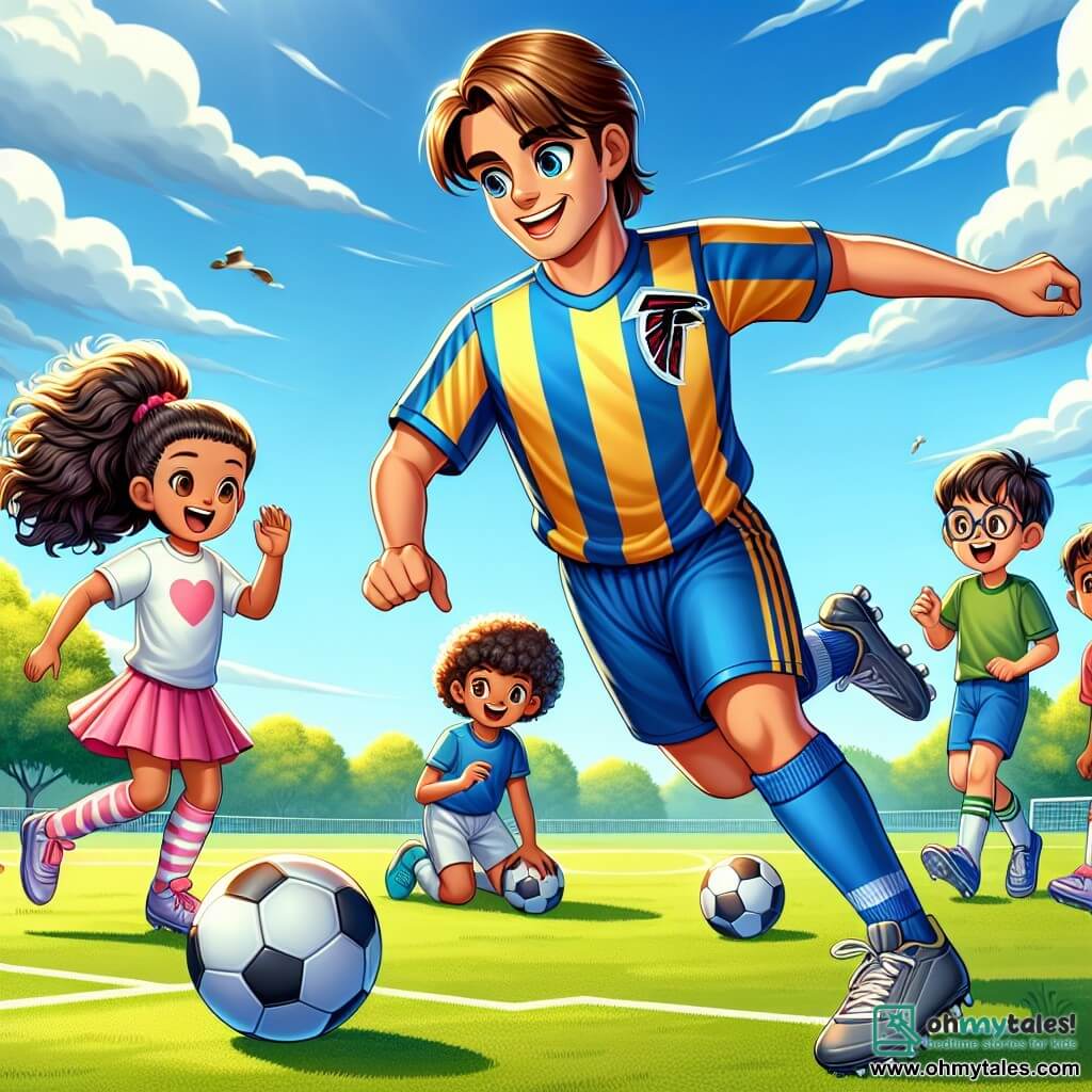 Leo Thompson, a man in his thirties with brown hair and determined sparkling eyes, is dribbling a soccer ball on a green field. His radiant smile shows his joy and passion for the game, while he wears his vibrant blue and yellow Falcons jersey. Nearby, Mia, a 10-year-old girl with long curly hair, jumps for joy, waving a small Falcons flag. She wears colorful shorts and sneakers, her face lit up with excitement. Jake, a 9-year-old boy with curly hair and a big smile, is attempting a goal shot, focused and determined, while Sam, a shy 8-year-old boy with glasses, watches closely, holding a notebook to jot down Leo's tips. The scene takes place on a sunny soccer field surrounded by lush trees and children's laughter. The blue sky is dotted with a few white clouds, and the grass is a vibrant green, creating a joyful and dynamic atmosphere. Leo teaches the children soccer techniques, encouraging them to have fun while learning, and the energy of the scene is filled with camaraderie and passion for the sport.