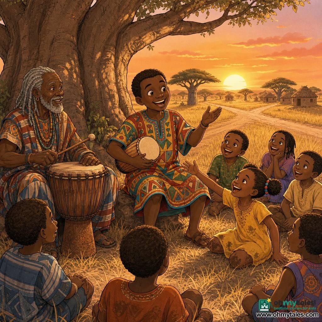 Kofi, a smiling man with a round face and chocolate-brown skin, holds a small drum and animatedly tells a story; an elderly griot (around 70) with dark skin and grey braids sits left under a massive baobab, kindly tapping a large wooden drum; a seven-year-old girl with pigtails in a yellow dress, knees muddy, laughs and reaches toward Kofi while several children (ages 5–10) sit on the golden grass with amazed, bright smiles; setting: a crossroads beneath the baobab at sunset with an orange-pink sky, tall golden grass, acacia silhouettes and distant mud houses; mood: warm sunset storytelling, griot accompanying on drum, joyful children, soft atmosphere, warm colors, rounded features and visible fabric textures with golden light.