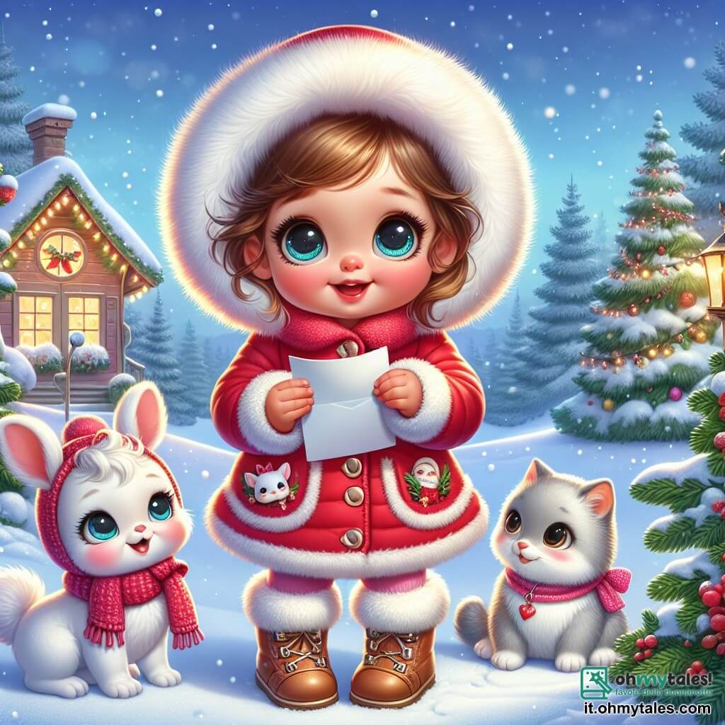 Una bambina di un anno, Mia, con grandi occhi brillanti e guance rosa, è in piedi nella neve, con un grande sorriso sul volto. Indossa un cappotto rosso vivo con un cappuccio di pelliccia bianca e stivali di lana. Nelle sue piccole mani tiene una lettera indirizzata a Babbo Natale, piena di eccitazione e gioia. Accanto a lei c'è un adorabile coniglietto bianco di nome Fluffy, con grandi orecchie e un pelo soffice, che guarda Mia con curiosità. Più lontano, una dolce gatta grigia di nome Luna, con un collare rosa, si strofinano contro la gamba di Mia. Il paesaggio è incantevole, con fiocchi di neve che cadono dolcemente da un cielo blu chiaro e abeti verdi decorati con ghirlande scintillanti. Mia, entusiasta, si prepara a consegnare la lettera a Babbo Natale, che si trova davanti alla sua casa di legno, addobbata con luci colorate e una grande porta rossa, pronta ad accogliere la magia del Natale.
