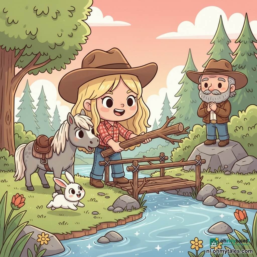 Een jonge cowgirl, Lila, glimlachend en vastberaden, met warrig blond haar en een bruin Stetsonhoed, rood geruit overhemd en blauwe jeans, legt een grote tak om een kleine houten loopbrug over een heldere rivier af te maken; naast haar staat het lichtgrijze pony Bliksem met vriendelijke ronde ogen en een versleten zadel, en een klein wit konijn springt blij bij haar voeten; rechts en iets hoger applaudisseert de oudere cowboy Tex (±60) met grijze baard en bruine leren jas vanaf een steen; oever met gladde grijze keien, gele wilde bloemen, groene bomen en dennen, pastelroze-oranje avondlucht; zachte, geruststellende sfeer, rustieke passerelle van takken en stenen, kawaii-minimal stijl met nette contouren, verzadigde pasteltinten en zacht licht.