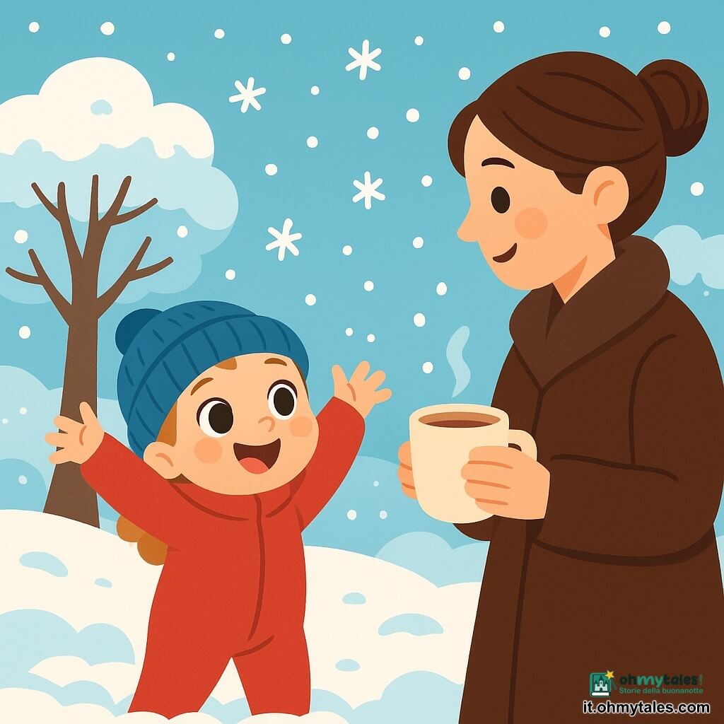 Una bambina di 2 anni, con grandi occhi brillanti e un sorriso gioioso, indossa una tuta rossa e un berretto di lana blu. Sta giocando nella neve, alzando le braccia con entusiasmo per catturare i fiocchi che cadono. Accanto a lei, sua madre, una donna di circa 30 anni con i capelli castani raccolti in un chignon, indossa un cappotto spesso. Sorride guardando la figlia, tenendo una tazza di cioccolata calda nelle mani. Il contesto è un giardino invernale, con alberi coperti di neve scintillante, un cielo azzurro chiaro e fiocchi di neve che danzano nell'aria. La scena principale mostra la bambina meravigliata dalla neve, che si diverte a fare palle di neve, mentre la madre la osserva con tenerezza, creando un'atmosfera calda e gioiosa in pieno inverno.