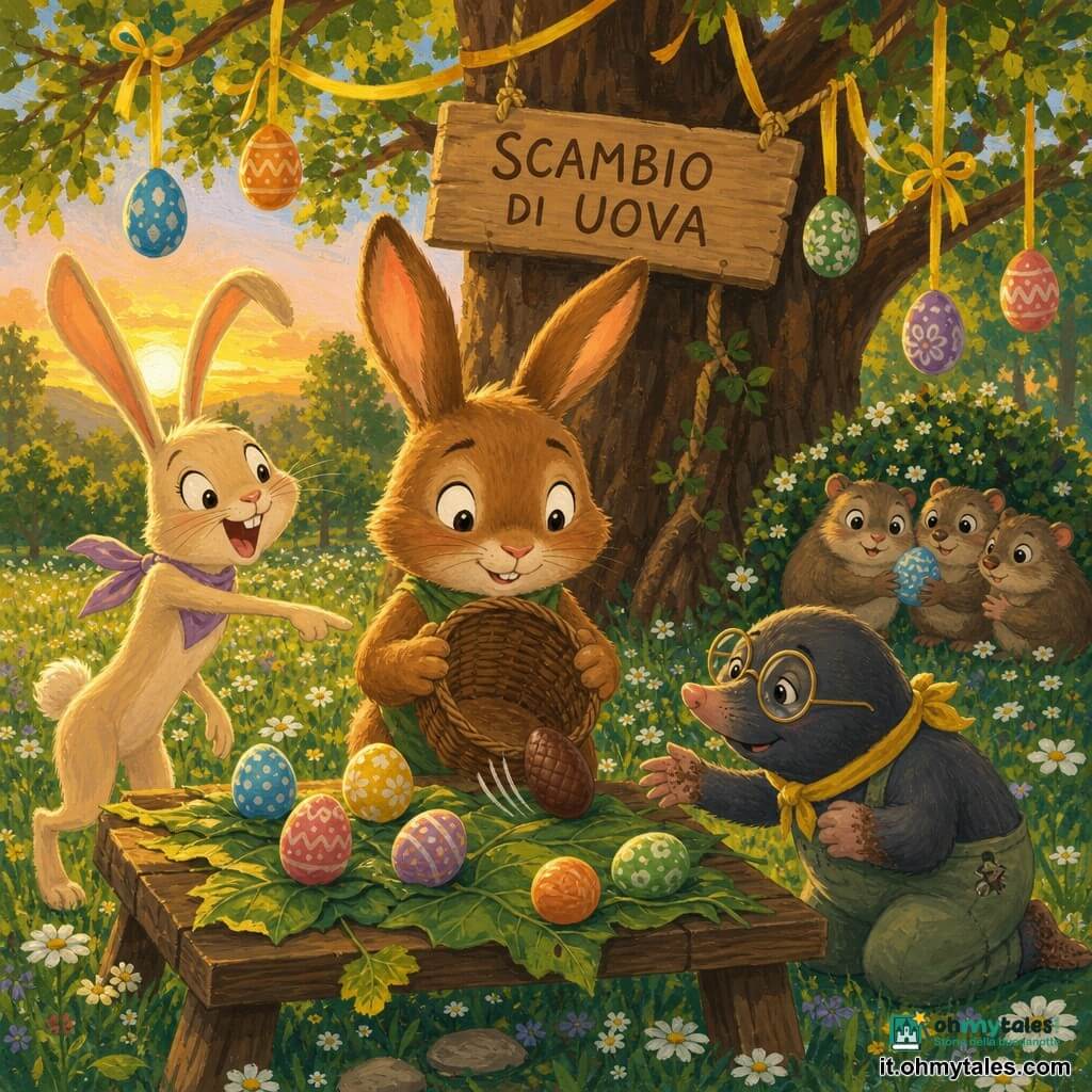 Pippo, un piccolo coniglio ordinato dal pelo nocciola, orecchie grandi leggermente appuntite e occhi tondi sorpresi, sorride timidamente tenendo un cestino di vimini da cui rotola un uovo di cioccolato; Lilla, una lepre snella e vivace dal pelo crema, occhi vivaci e sorriso gioioso, ride e indica l’uovo saltellante, leggermente dietro a sinistra di Pippo; una talpa timida con occhiali tondi, zampette sporche e sorriso incerto, è inginocchiata a destra del cestino offrendo un uovo; tre ghiri curiosi sullo sfondo condividono un piccolo uovo vicino a un cespuglio. La scena si svolge in una radura primaverile del Bosco di Pistacchio: erba verde punteggiata di margherite, un grande tronco con un cartello «SCAMBIO DI UOVA», nastri gialli e uova dipinte appese ai rami, luce dorata del tramonto. Momento conviviale di condivisione: l’uovo magico di cioccolato rotola su un tavolo di legno coperto di foglie, gli animali scambiano e prendono uova decorate in un’atmosfera calda e colorata, resa con texture da gouache, pennellate visibili e contorni morbidi.