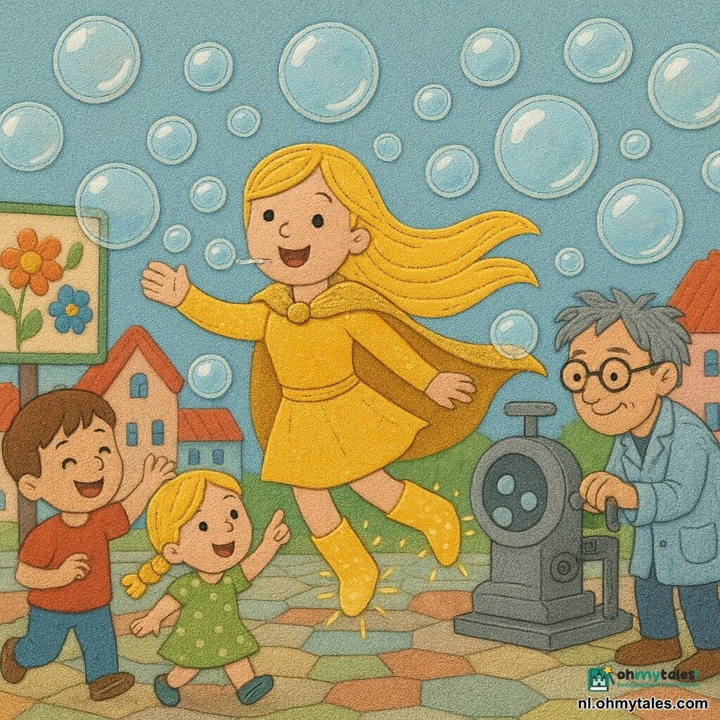 Luma Lente is een vrolijke, goedhartige vrouwelijke held met rond glimlachend gezicht, lange zongeel haar, fonkelende mantel en lichte laarzen; ze springt en blaast kleine lachende belletjes die grote doorzichtige glanzende bellen verkleinen tot vrolijke bubbels. Uitvinder Jax, ongeveer 45, warrig grijs haar, ronde bril en een blauwwitte werkjas met olievlekken, staat rechts naast een grote metalen bubbelmachine en trekt aan een hendel. Links op de voorgrond een 6‑jarige jongen met kort bruin haar in een rood T‑shirt rent lachend om een bel te pakken; dichtbij hem een 5‑jarig meisje met blonde gevlochten haren in een groene jurk met stippen die wijst naar de bellen. Het plein van Zonnestad heeft gekleurde kasseien, pastelgevels met rode daken, ronde lantaarns en een groot bord met geborduurde bloemen; sfeer licht, felle kleuren en zichtbare stoftexturen met gezoomde randen voor het toegepaste effect.