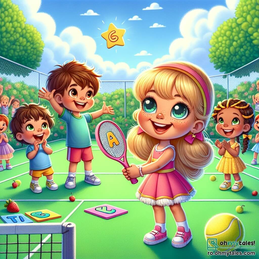 O fetiță de 6 ani, Maria, cu ochi mari și strălucitori și un zâmbet radiant, stă pe un teren de tenis verde, ținând o rachetă roz cu un abecedar în formă de stea. Este plină de energie și entuziasm, pregătită să joace. Lângă ea, un băiat de 6 ani, Andrei, cu părul brun zburlit și un tricou albastru aprins, o încurajează cu un zâmbet larg, ridicând brațele în aer. Un alt copil, Ioana, o fetiță de 6 ani cu împletituri aurii și o rochie galbenă, aplaudă cu bucurie, stând lângă fileu. Terenul este înconjurat de copaci verzi luxurianți și un cer albastru deschis, cu câteva nori albi pufoși. În fundal, prietenii râd și se distrează, creând o atmosferă veselă și prietenoasă. Maria se pregătește să servească mingea, concentrată și hotărâtă, în timp ce prietenii o încurajează cu entuziasm, creând o scenă vibrantă de camaraderie și sportivitate.