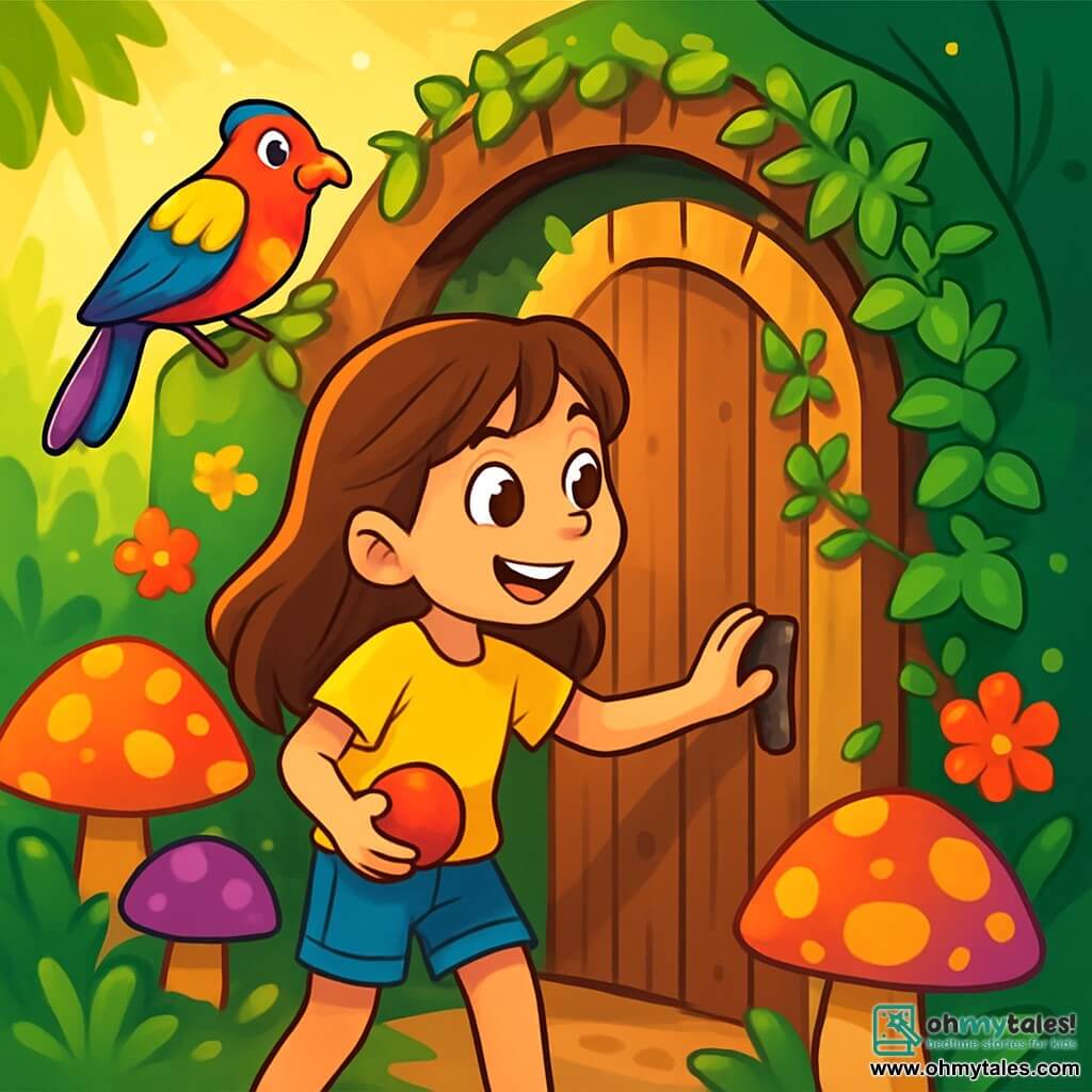 An 8-year-old girl named Mia, with long brown hair and sparkling curious eyes, stands in front of a small wooden door adorned with ivy, her face lit up with wonder and excitement. She wears a bright yellow t-shirt and denim shorts, holding a red ball in her hand, ready to enter the magical world. Next to her, a colorful bird with rainbow feathers perches on the doorframe, looking at Mia with mischievous eyes, as if inviting her in. The setting is an enchanting garden filled with vibrant flowers, giant mushrooms with multicolored caps, and golden light filtering through the leaves of the trees. The main scene shows Mia, with an amazed smile, gently pushing the wooden door, ready to discover the magical world hidden behind it, surrounded by the beauty and mysteries of nature.