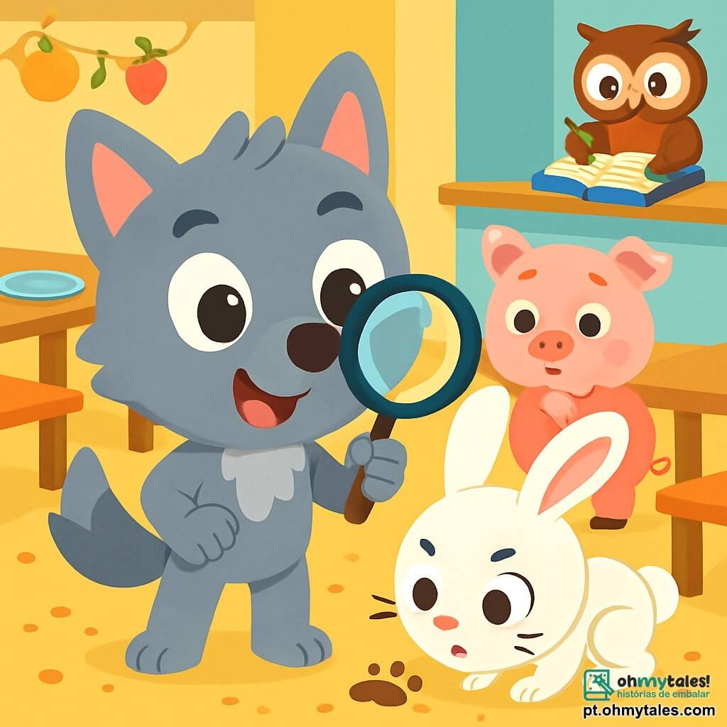 Um pequeno lobo chamado Lucas, com pelagem cinza suave e olhos brilhantes de curiosidade, está no centro da imagem, segurando uma lupa em uma pata, exibindo uma expressão de empolgação e determinação. Ao seu lado, a travessa Coelhinha Clara, com suas grandes orelhas e pelagem branca brilhante, observa atentamente uma pequena pegada no chão, seu rosto expressando intensa concentração. Um pouco atrás, o Porquinho Paulo, com sua barriguinha rosa e bochechas redondas, observa os arredores com um olhar preocupado, enquanto a sábia Coruja Sofia, empoleirada em uma prateleira, anota em seu caderninho, seus olhos brilhando de inteligência. A cena se passa em uma cantina escolar colorida, com mesas de madeira e decorações de frutas nas paredes, onde pratos vazios e migalhas de pão estão espalhados pelo chão. Os quatro amigos investigam o mistério dos lanches desaparecidos, examinando o chão em busca de pistas, cercados por uma atmosfera de suspense e aventura.