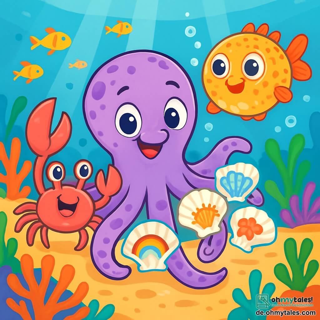 Ein kleiner Tintenfisch namens Otto mit lila Flecken und neugierigen, funkelnden Augen steht im Mittelpunkt des Bildes, stolz lächelnd und seine bunten Zeichnungen auf Muscheln zeigend. Seine Tentakeln sind um ihn herum ausgebreitet, gefüllt mit lebhaften Farben und fröhlichen Mustern. Neben ihm ermutigt Bella, eine Krabbe mit rosa Scheren und leuchtenden Augen, ihn mit einem breiten Lächeln, ihre Beine erhoben aus Begeisterung. Etwas weiter schaut Finn, ein dicker Kugelfisch mit glänzenden Schuppen, Otto bewundernd an, während er in der Wasser schwebt, umgeben von Blasen. Der Hintergrund ist ein lebendiger Meeresboden, gefüllt mit bunten Korallen, fröhlich schwimmenden Fischen und Lichtstrahlen, die durch die Wasseroberfläche filtern und eine magische Atmosphäre schaffen. Die Hauptsituation zeigt Otto, stolz auf seine Kreationen, der seine Freude mit seinen Freunden teilt und die Bedeutung von Akzeptanz und Kreativität in einer freundlichen und bunten Umgebung illustriert.