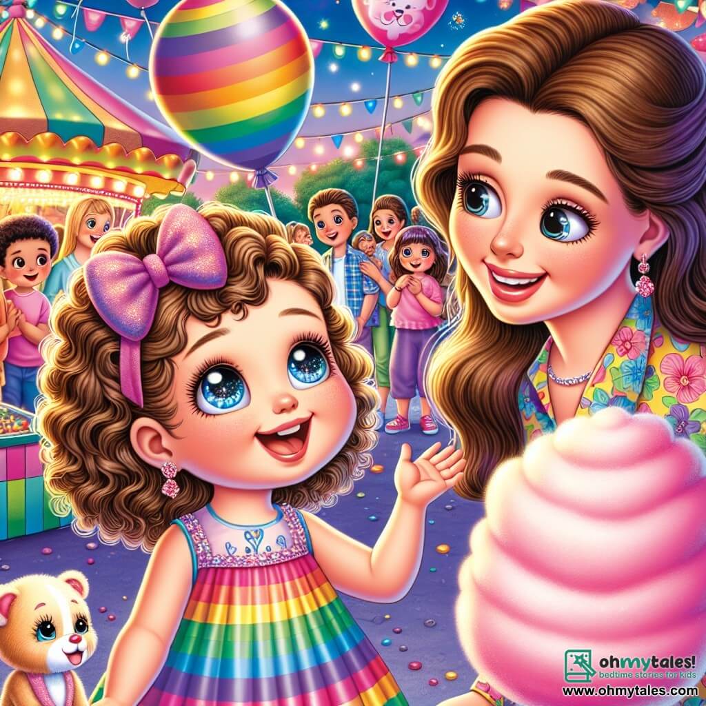 A 4-year-old girl named Lily, with sparkling big eyes and curly hair, wears a rainbow dress and a big bow in her hair. She smiles in amazement, holding a dog-shaped balloon in one hand and a cotton candy cloud in the other, standing at the center of the scene. Next to her, her mother, a woman in her thirties with long brown hair, wears a colorful blouse and a warm smile. She looks at Lily tenderly, holding a large pink cotton candy. In the background, the carnival is filled with colorful tents, floating balloons, and twinkling lights, creating a festive and joyful atmosphere. Children laugh and play around them, while a friendly clown makes balloon animals for a smiling little girl. The main scene shows Lily and her mother at the heart of the carnival, amazed by the bright colors and activities, sharing a moment of happiness and magic together.