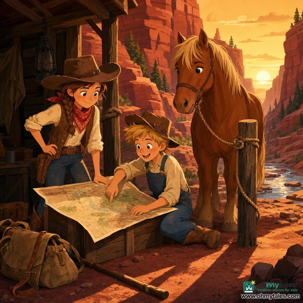 The protagonist is a proud, smiling girl cowboy about 12–14 with a round face, freckles, brown braided hair, a worn brown cowboy hat and red bandana, standing straight with one hand on a large unfolded map on a wooden crate; a cheerful boy (Tom, ~12) with short blond hair, blue overalls and a slightly askew hat sits on the ground beside her, pointing at the map; Dusty, a large sorrel horse with a shaggy mane and gentle expression, is tied to a wooden post to their right, at the entrance to a red-and-ochre canyon with striated walls, angular rocks, a few pines, a shallow stream with flat stones and a small wooden cabin tucked against the cliff; golden sunset light and long shadows, Jessie and Tom sheltered in the cabin with the map between them, dusty boots, a canvas bag and a walking stick nearby; warm colors, flat textures, clear outlines and a simple, child-friendly composition.