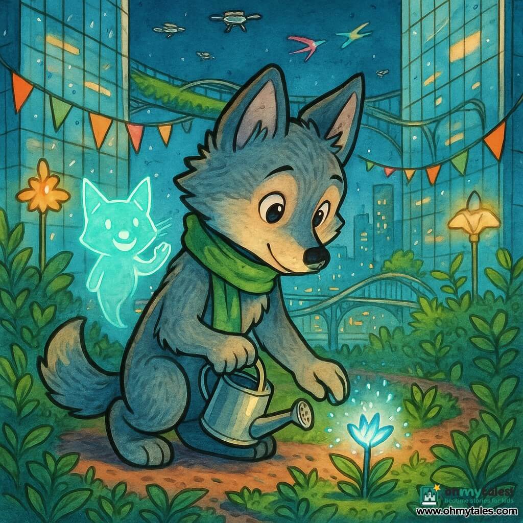 A small wolf named Luno, calm and curious with soft blue-gray fur and bright hazel eyes, wearing a green scarf and holding a polished metal watering can, kneels to plant a tiny glowing blue pod-flower in a rooftop garden; the shy flower emits a gentle halo, a translucent smiling fox micro-hologram floats above it waving in thanks, silver drones hum in the distance and neon-feathered birds streak by, all on a suspended terrace between glass skyscrapers with winding skywalks, colorful banners, flower-shaped solar lamps and hanging greenery, the futuristic city glowing below under a deep blue sky, soft light and a tender, hopeful mood.