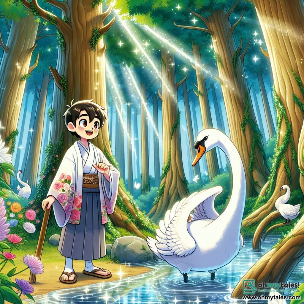 A young boy named Kazuki, around 12 years old, stands by a sparkling stream, his eyes sparkling with curiosity and a big smile on his face. He wears a traditional kimono with floral patterns and holds a carved wooden stick from his grandfather, gazing in wonder at a beautiful white swan nearby. The swan, majestic and graceful, has bright white feathers and a delicate long neck, appearing to respond to Kazuki with a friendly demeanor, her head slightly tilted. The setting is an enchanted forest with giant, gnarled trees and vibrant green leaves filtering sunlight, creating luminous patterns on the ground. Colorful flowers bloom around them, adding a touch of magic to the environment. The main scene shows Kazuki asking the swan a question, seeking advice on finding hidden treasure, while the stream sparkles in the sunlight, adding an atmosphere of mystery and adventure to this fairy-tale scene.