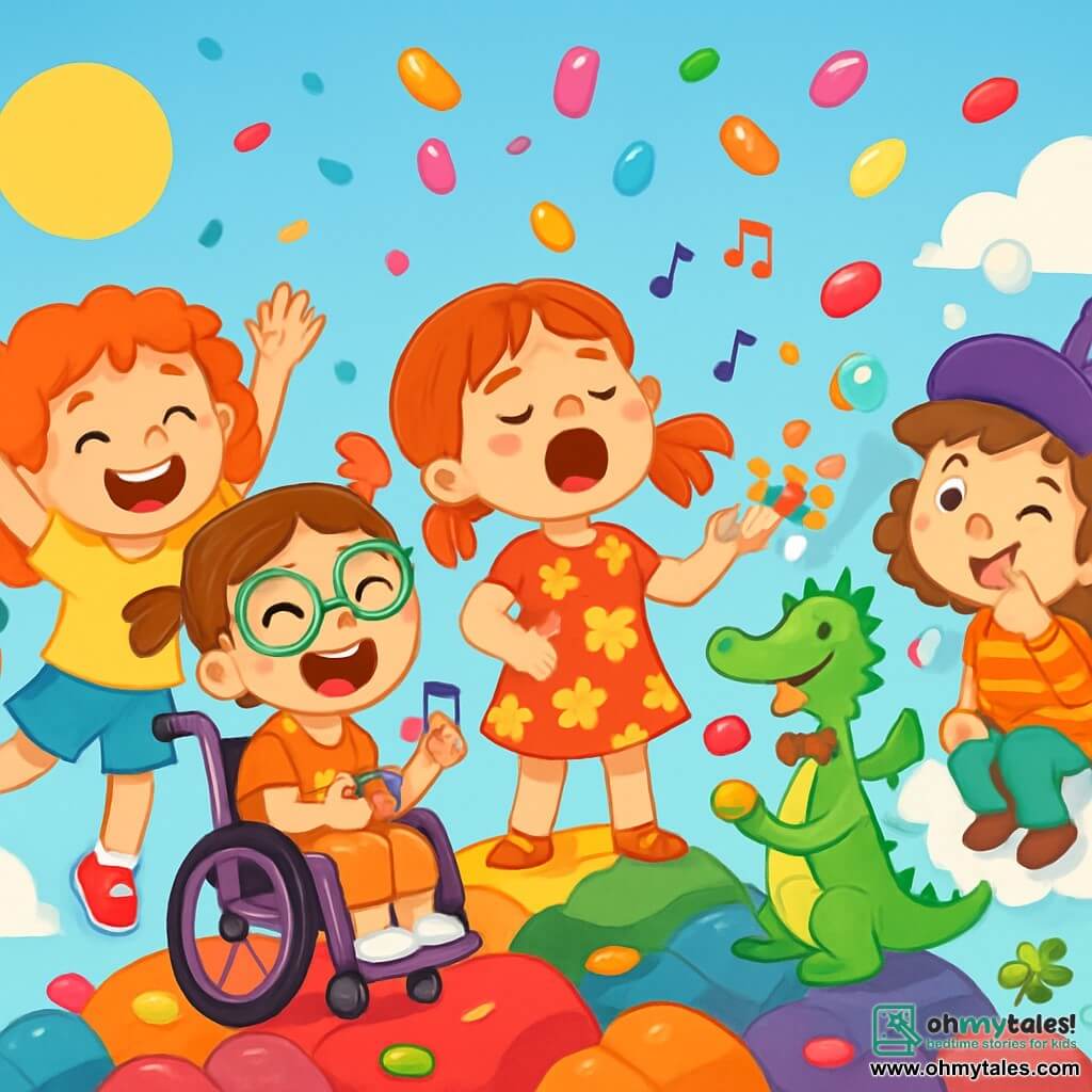 There are 4 children: Maddy, a 5-year-old girl with curly orange hair and a bright smile, joyfully dancing with her arms in the air, surrounded by colorful confetti; Pip, a 5-year-old girl with big green glasses in a wheelchair, laughing heartily while holding a handful of shiny jellybeans; Lila, a 5-year-old girl with freckles on her nose and a flower dress, singing a funny song with her hands on her hips, surrounded by dancing flowers; and Jojo, a 5-year-old girl wearing a purple hat with a large feather, making faces while sitting on a fluffy cloud surrounded by soap bubbles. The setting is the top of Jellybean Mountain, where the ground is covered in rainbow rocks and fluffy clouds, with multicolored jellybeans scattered everywhere. A small dragon named Pickles, wearing a bow tie, joyfully juggles candies. The main scene shows the four girls celebrating their victory, surrounded by vibrant colors and laughter, as they prepare to throw a big party with jellybeans falling from the sky.