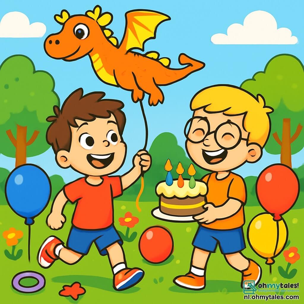 Een 8-jarig jongetje, Tommy, met rommelig bruin haar en sprankelende ogen van blijdschap, rent door een zonnig park met een grote glimlach op zijn gezicht. Hij draagt een felrode t-shirt en een blauwe short, terwijl hij een grote ballon in de vorm van een draak boven zijn hoofd houdt. Naast hem staat zijn vriend Sam, ook een 8-jarig jongetje, met blond haar en ronde bril, die lacht terwijl hij een verjaardagstaart met kleurrijke kaarsjes vasthoudt. Ze staan op een groene grasmat, omringd door kleurrijke ballonnen en feestelijke spellen. Op de achtergrond voegen loofbomen en stralende bloemen kleur toe aan de scène. De hoofdactie toont Tommy en Sam die samen plezier hebben, vol opwinding en geluk, klaar om een wens te doen door een grote ballon de lucht in te laten.