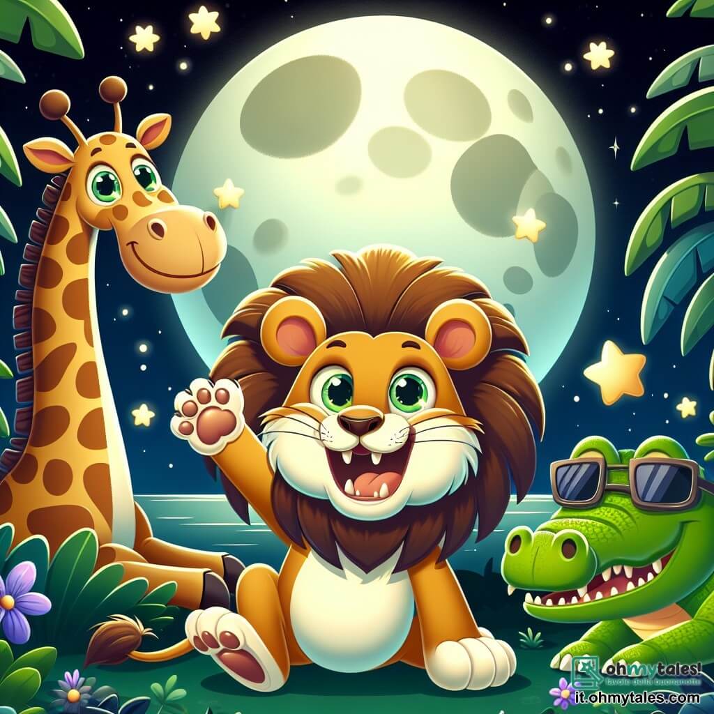 Un leone maestoso, con una criniera dorata e occhi scintillanti di eccitazione, salta gioiosamente sotto la luce della luna. Ha un ampio sorriso ed è pronto per l'avventura. Accanto a lui, una giraffa slanciata con un lungo collo maculato, che guarda le stelle con meraviglia, e un coccodrillo verde con occhiali da sole, che sorride maliziosamente. Sullo sfondo, una giungla lussureggiante è illuminata dalla luna, con foglie brillanti e fiori colorati. La scena trasmette un'atmosfera di magia notturna. Gli amici si preparano a esplorare lo zoo addormentato, pronti a scoprire sorprese divertenti e vivere una grande avventura insieme.