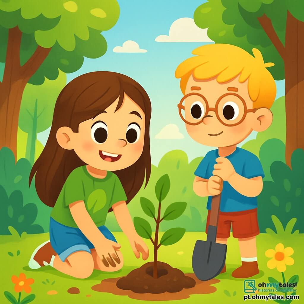Uma menina de 8 anos, com cabelos longos e castanhos e olhos curiosos, sorri alegremente enquanto planta uma pequena muda de árvore no solo. Ela usa uma camiseta verde com um desenho de folha e um short de jeans, suas mãos estão levemente sujas de terra, mostrando seu entusiasmo pela natureza. Ao lado dela, um menino de 8 anos, com cabelos loiros e óculos redondos, segura uma pá e observa admirado a muda que ela planta. Ele veste uma camiseta azul e um short vermelho, parecendo determinado a ajudar. A cena ocorre em uma clareira ensolarada na floresta, cercada por árvores majestosas e flores coloridas. Os dois crianças estão engajadas em uma bela ação de plantio, simbolizando seu compromisso em proteger a natureza e tornar o ambiente mais vivo e colorido.