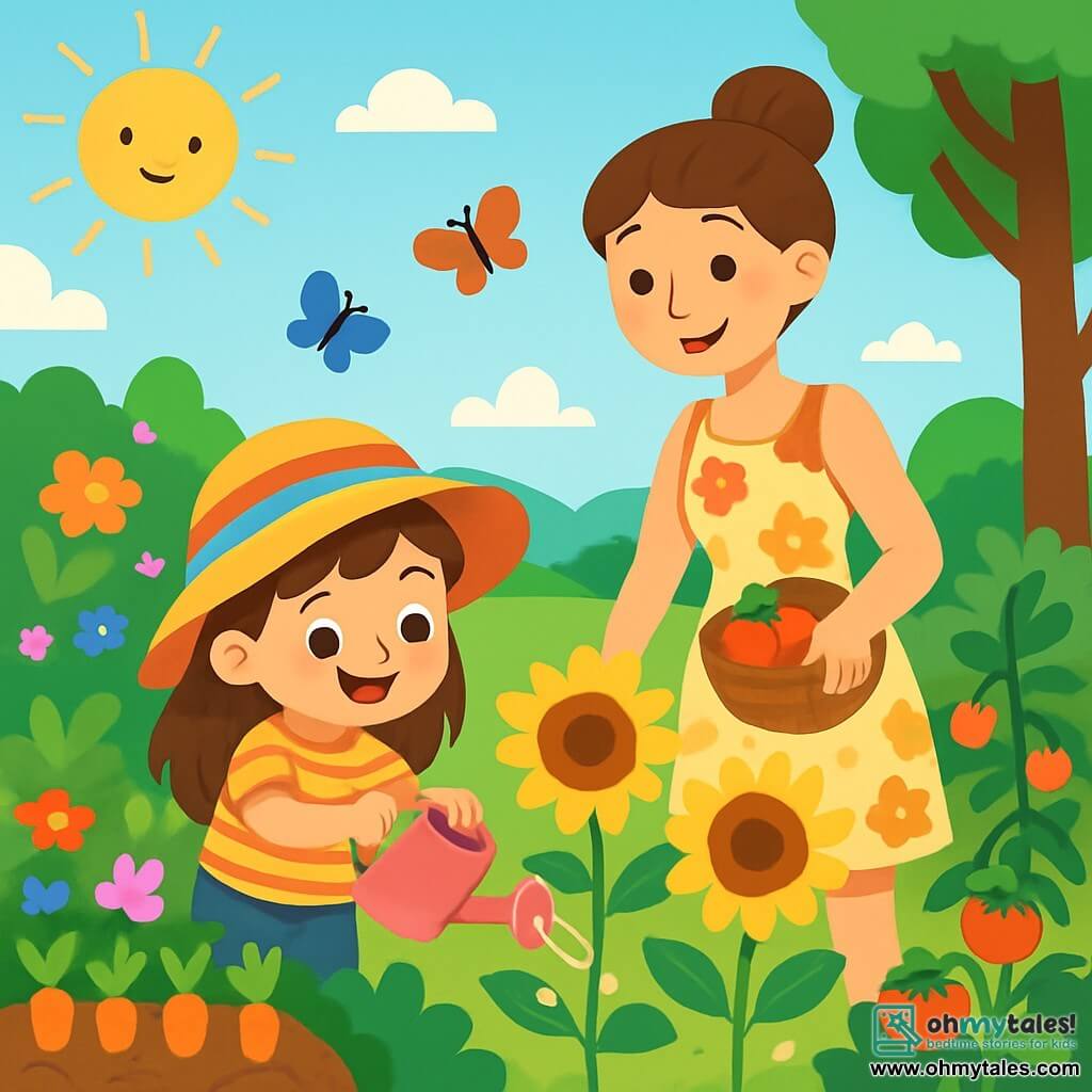 A 4-year-old girl with long brown hair and sparkling eyes wears a colorful sun hat and a striped t-shirt. She waters giant sunflowers with a small pink watering can, her face beaming with excitement and pride. Next to her, a woman in her thirties, her mother, has her hair in a bun and wears a light floral dress. She smiles warmly while holding a basket filled with red tomatoes. The scene takes place in a vibrant community garden, filled with colorful flowers, ripe vegetables, and large trees providing shade. Butterflies dance around the flowers, and the sun shines in a clear blue sky. The main focus shows the girl joyfully watering the sunflowers while her mother encourages her with a smile, creating an atmosphere of happiness and sharing in this blooming garden.
