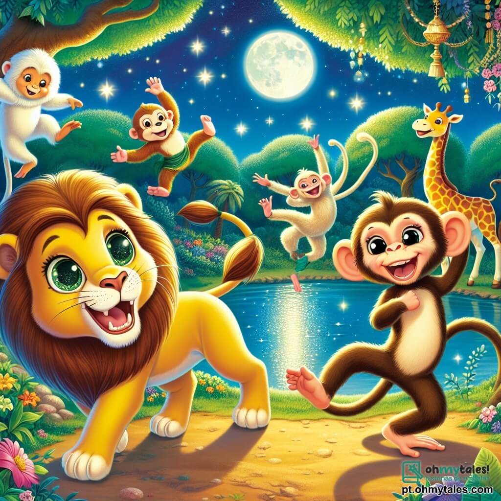 Um leão de olhos brilhantes e juba dourada, Leo, dança alegremente à beira de um lago cintilante sob a luz da lua, com um grande sorriso no rosto, demonstrando seu entusiasmo e curiosidade. Ao seu lado, Mimi, uma pequena macaca travessa com pelagem marrom e cauda longa, salta no ar rindo, enquanto Tico, outro macaco, faz acrobacias ao fundo, com os olhos brilhando de travessura. Ao fundo, uma elegante girafa, Greta, estica o pescoço para ver a cena, com um ar divertido no rosto. O lugar é uma floresta encantada, cheia de árvores de folhas verdes vibrantes e flores coloridas, com um céu estrelado que ilumina a cena com uma suave luz. A situação principal mostra Leo e seus amigos em plena festa, dançando e se divertindo juntos, criando uma atmosfera alegre e cheia de vida.