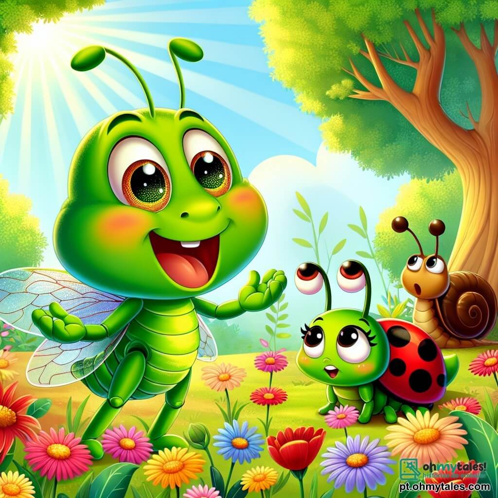 Tito, um pequeno gafanhoto verde vibrante com grandes olhos brilhantes, está pulando alegremente no meio de um jardim colorido, com um largo sorriso no rosto, expressando excitação e inocência. Ao seu lado, Lili, uma joaninha vermelha com pintas pretas, observa Tito com um olhar curioso e entusiasmado, suas asas levemente abertas como se estivesse pronta para voar. Caco, um caracol marrom com uma concha espiral, está um pouco atrás, exibindo uma expressão de espanto e cautela, observando seus amigos com um olhar atento. O jardim está repleto de flores vibrantes de todas as cores, grandes folhas verdes e uma suave luz do sol filtrando através das árvores. No fundo, uma grande árvore majestosa se ergue, suas raízes se estendendo pelo chão. A cena principal mostra Tito contando uma história incrível para seus amigos, cativando-os com seu entusiasmo, enquanto Lili e Caco o escutam atentamente, cada um reagindo às suas palavras com expressões de surpresa e diversão.