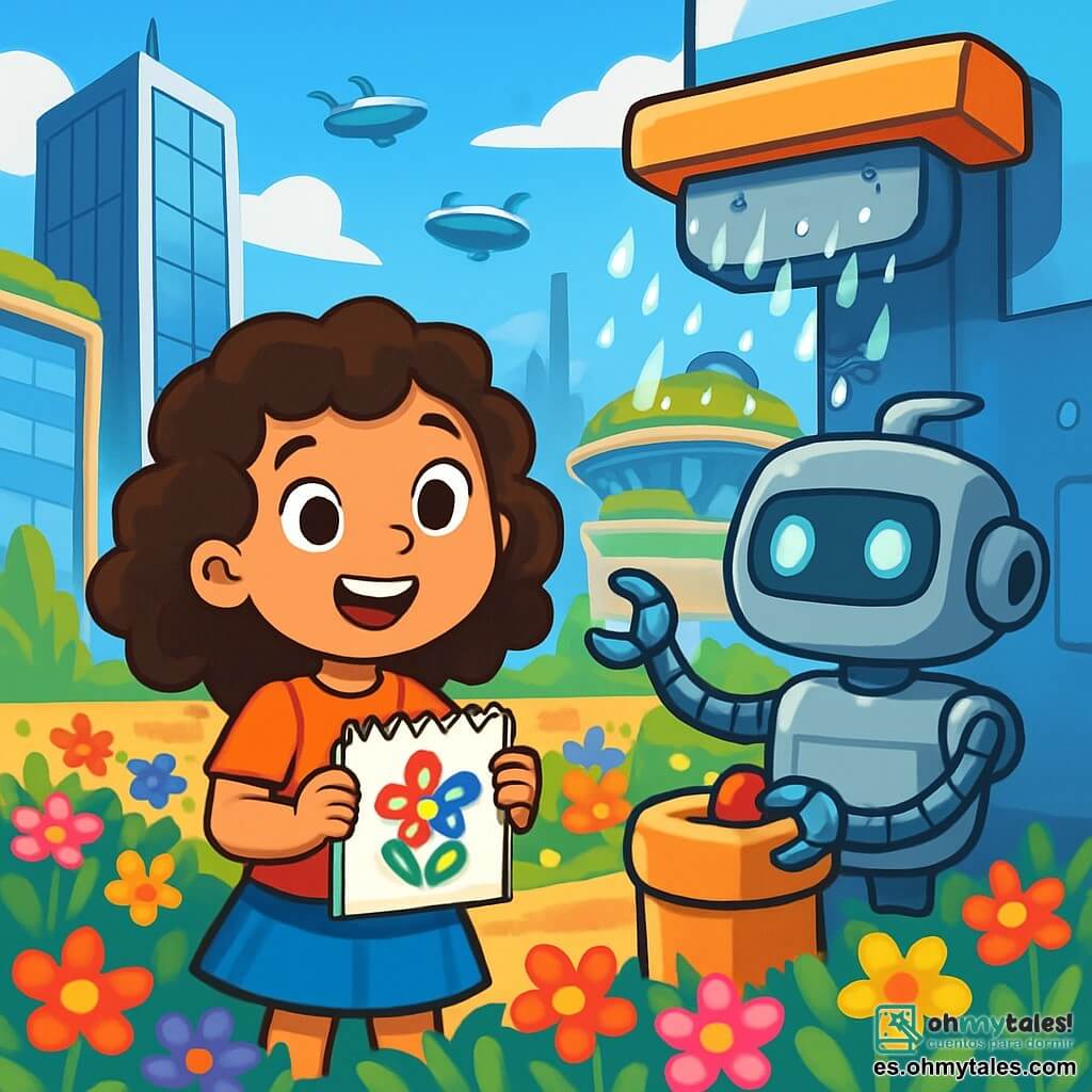 Una niña de 8 años, llamada Sofía, con cabello rizado y ojos llenos de curiosidad, se encuentra en el centro de la escena, sonriendo y maravillada, sosteniendo un pequeño cuaderno de dibujos en sus manos. A su derecha, un robot amistoso, con un cuerpo plateado y ojos luminosos, está a punto de activar la máquina de lluvia artificial, moviendo sus brazos articulados. El decorado es la plaza solar de NeoLuz, un espacio vibrante lleno de flores multicolores que bailan bajo un cielo azul brillante, rodeado de edificios futuristas con fachadas brillantes y jardines colgantes. Al fondo, vehículos voladores se deslizan suavemente en el cielo, añadiendo un toque de magia al entorno. La situación principal muestra a Sofía, impaciente y alegre, observando cómo la máquina de lluvia artificial comienza a liberar gotas de agua brillantes, transformando instantáneamente el suelo en una alfombra de flores deslumbrantes.