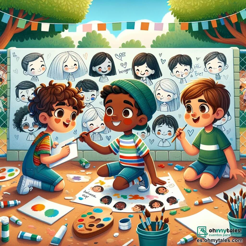 Tres personajes principales están presentes: 1. **Diego**, un niño de 10 años, con cabello castaño y rizado, que lleva una camiseta colorida y un short. Está sentado en el suelo, rodeado de pinceles y botes de pintura, dibujando rostros de niños de diferentes culturas en un gran lienzo. 2. **Samir**, un niño de 10 años de origen árabe, con cabello negro y liso, que lleva una camisa a rayas y pantalones azules. Está de pie junto a Diego, sosteniendo un cuaderno y escribiendo frases inspiradoras sobre la aceptación. 3. **Lucas**, un niño de 10 años, con cabello rubio y corto, vestido con una camiseta verde y jeans. Está pintando una escena de camaradería en la pared, sonriendo y animando a sus amigos a colaborar. La escena tiene lugar en el patio de una escuela primaria, lleno de colores vivos, rodeado de árboles verdes y con niños jugando al fondo. El suelo está cubierto de hojas de papel y botes de pintura, creando un ambiente alegre y creativo. La situación principal muestra a los tres amigos trabajando juntos en un mural que celebra la diversidad, con sonrisas en sus rostros, intercambiando ideas y risas, ilustrando la importancia de la amistad y la aceptación de las diferencias.