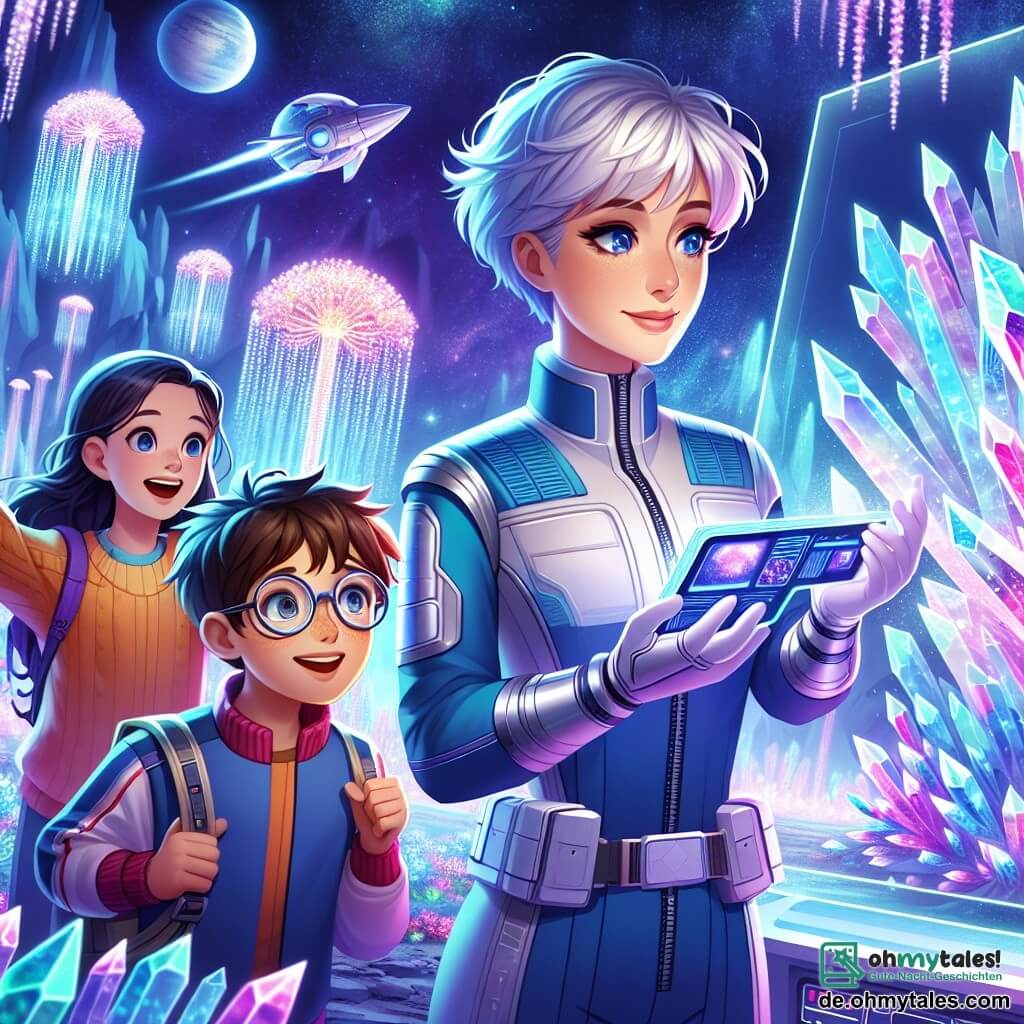 Eine Ingenieurin, Dr. Emilia Sonnenfeld, steht im Zentrum der Szene, mit kurzen silbernen Haaren, einem entschlossenen Blick und leuchtenden Augen vor Aufregung. Sie trägt einen futuristischen Raumanzug in Blau und Silber und hält ein kleines technisches Gerät in den Händen, während sie fasziniert eine extraterrestrische Landschaft betrachtet. Neben ihr steht ein zwölfjähriger Junge, Tan, mit zerzausten braunen Haaren und runden Brillen, der mit weit aufgerissenen Augen einen holographischen Bildschirm betrachtet. Weiter weg lächelt ein zwölfjähriges Mädchen, Juna, mit langen schwarzen Haaren, und zeigt mit dem Finger auf einen kristallinen Baum, der im Licht funkelt, mit erhobenen Armen in einem Zeichen des Staunens. Die Kulisse ist eine extraterrestrische Welt, die vor Farben pulsiert: Bäume mit durchsichtigen Kristallstämmen, leuchtende Blumen in Violett und Türkis sowie ein Himmel, der mit fernen Planeten übersät ist. Die Szene strahlt eine Atmosphäre von Abenteuer und Entdeckung aus, während die Gruppe diese faszinierende neue Umgebung erkundet, umgeben von schimmernden Lichtern und seltsamen Formen.