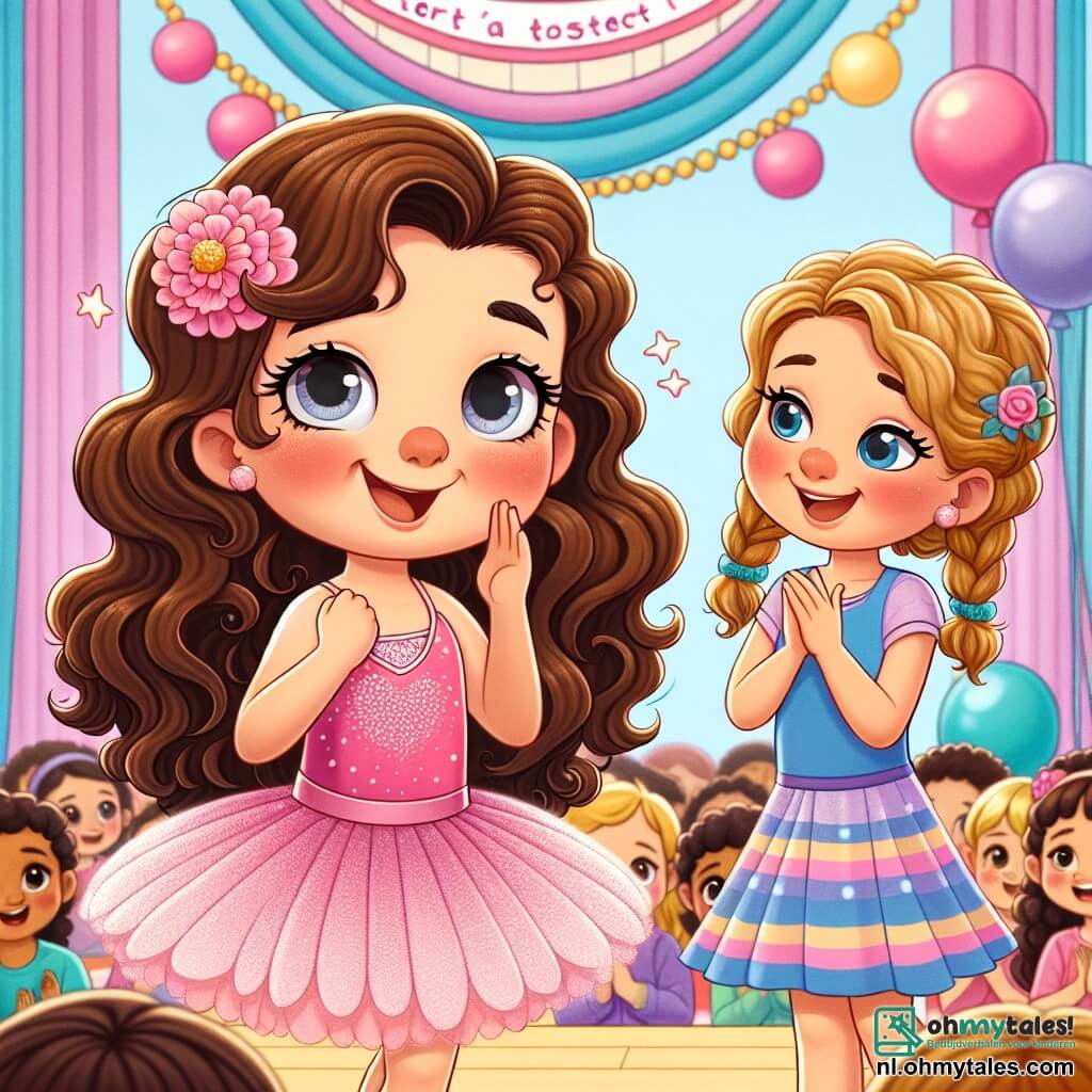 Een 7-jarig meisje, Lotte, met lange krullende bruine haren en een grote glimlach, danst op een podium. Ze draagt een mooie roze tutu en een glinsterend topje, haar ogen stralen van opwinding en zelfvertrouwen. Naast haar applaudisseert haar beste vriendin Sara, ook een 7-jarig meisje met gevlochten blond haar en een kleurrijke jurk, enthousiast, haar gezicht straalt trots uit. De scène speelt zich af in een grote schoolzaal versierd met ballonnen en kleurrijke slingers, vol met kinderen en ouders die met bewondering kijken. Lotte, na te zijn gestruikeld, staat vastberaden op en danst verder, waarmee ze haar zelfvertrouwen en vreugde om haar passie met het publiek te delen toont.
