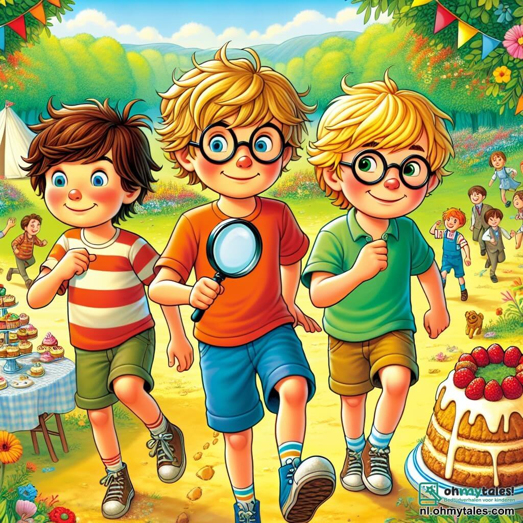 Drie jongens, Tim, Sam en Bas, staan in het midden van een levendige scène. Tim, 10 jaar oud, heeft wild bruin haar en draagt een rode t-shirt met een blauwe short. Hij kijkt vastberaden vooruit met een vergrootglas in de hand. Sam, ook 10 jaar oud, heeft blond haar en draagt ronde brillen. Hij houdt een notitieboek vast en lijkt na te denken, zijn gezicht getuigt van nieuwsgierigheid. Bas, de kleinste van de drie met 9 jaar, heeft kastanjebruin haar en een grote glimlach. Hij draagt een groene t-shirt en staat iets op de achtergrond, lachend om de situatie. De scène speelt zich af in een zonnig park, vol kleurrijke bloemen en grote bomen. Op de achtergrond spelen kinderen vrolijk, terwijl een grote tafel versierd met gekleurde vlaggen zichtbaar is, met een enorme taart omringd door kleine gebakjes en snoepjes. De hoofd situatie toont de drie vrienden die een onderzoek doen, ontdekkend dat er voetafdrukken naar een bosje leiden, terwijl ze ideeën uitwisselen over het mysterie van de verdwenen taart. De uitdrukking op hun gezichten toont opwinding en avontuurlijke geest, wat de essentie van hun zoektocht naar het oplossen van het mysterie vastlegt.