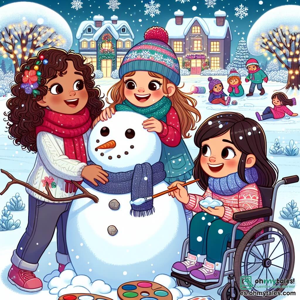 En un parque nevado, tres amigas están creando un gran muñeco de nieve. Sofía, una niña de nueve años con cabello rizado y una bufanda roja, está agachada moldeando la nieve con sus manos. A su lado, Clara, una niña de nueve años con cabello largo y un gorro azul, ríe mientras añade piedras para los ojos del muñeco de nieve. Valeria, una niña de nueve años en silla de ruedas, con cabello liso y una gran sonrisa, sostiene una paleta de pintura colorida, lista para decorar el muñeco con motivos alegres. El parque está lleno de copos de nieve brillantes que caen suavemente, y árboles con ramas cubiertas de nieve rodean a las niñas. A lo lejos, luces navideñas brillan en las casas del pueblo, creando un ambiente mágico y festivo. Las tres amigas se divierten juntas, riendo y compartiendo ideas para hacer su muñeco de nieve lo más bonito posible, simbolizando la amistad y la creatividad en pleno invierno.