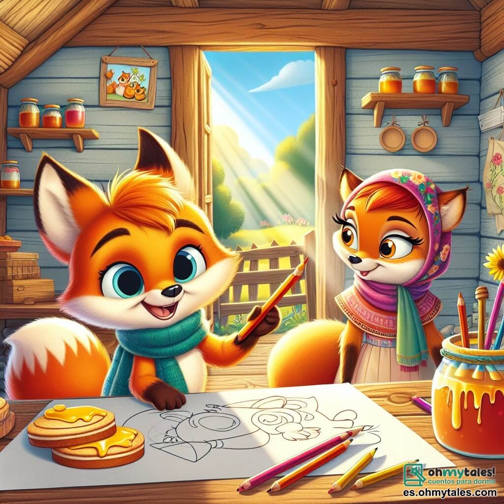 Un pequeño zorro naranja, llamado Rufi, con una cola esponjosa y ojos chispeantes de alegría, está dibujando con lápices de colores en una gran hoja de papel. Sonríe con entusiasmo, rodeado de pasteles de miel en la mesa. Su mamá, la dulce Madame Zorrita, es una hermosa zorra de pelaje sedoso y ojos brillantes de ternura, que está a su lado, mirando a su hijo con una sonrisa emocionada. Lleva un pañuelo colorido y parece encantada con el regalo que Rufi le está preparando. La escena tiene lugar en una encantadora cocina de madera, llena de luz solar que entra por las ventanas, con estanterías repletas de tarros de miel y flores coloridas en la mesa. Rufi, en su impulso creativo, está preparando un dibujo especial para el Día de la Madre, mientras su mamá admira su trabajo con amor y orgullo, creando una atmósfera cálida y alegre.
