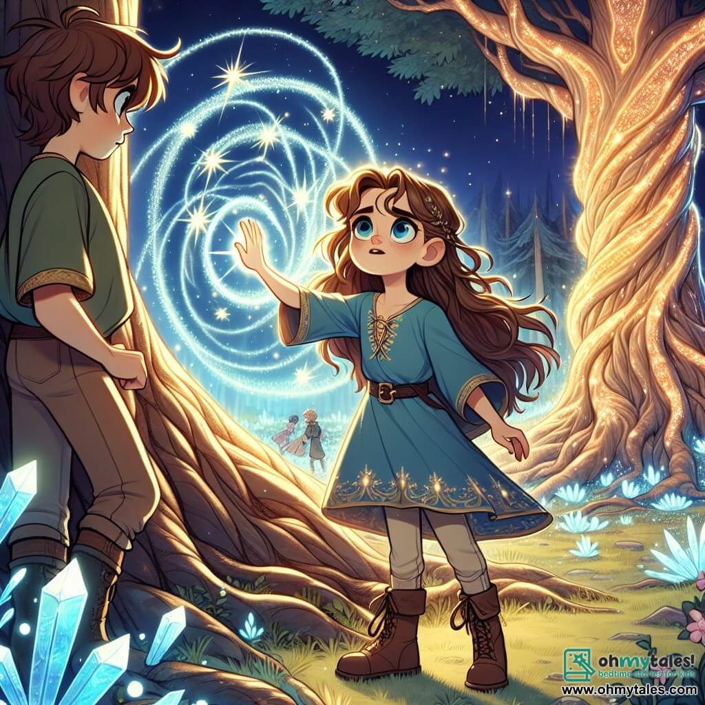A 12-year-old girl named Elara stands at the center of the scene, her eyes shining with excitement and determination. She has long, wavy light brown hair, a blue tunic adorned with star patterns, and leather boots. She is placing her hand on a massive glowing tree, the Nexus, which pulses with magical energy, while a golden light illuminates her face. Next to her, her best friend Aric, a 12-year-old boy with messy brown hair and a curious look, leans forward, observing the sparkling crystals surrounding the tree. He wears a green shirt and beige pants, appearing both worried and fascinated by the magic around them. The setting is an enchanted clearing, where majestic trees with twisted trunks rise toward the sky, their leaves shimmering like stars. The ground is covered with luminescent flowers and bright crystals, creating a fairy-tale, mystical atmosphere. The main situation shows Elara and Aric united in a moment of bravery as they activate their magical creation to fend off a threatening shadow emerging from the depths of the forest, symbolizing the battle between light and darkness.