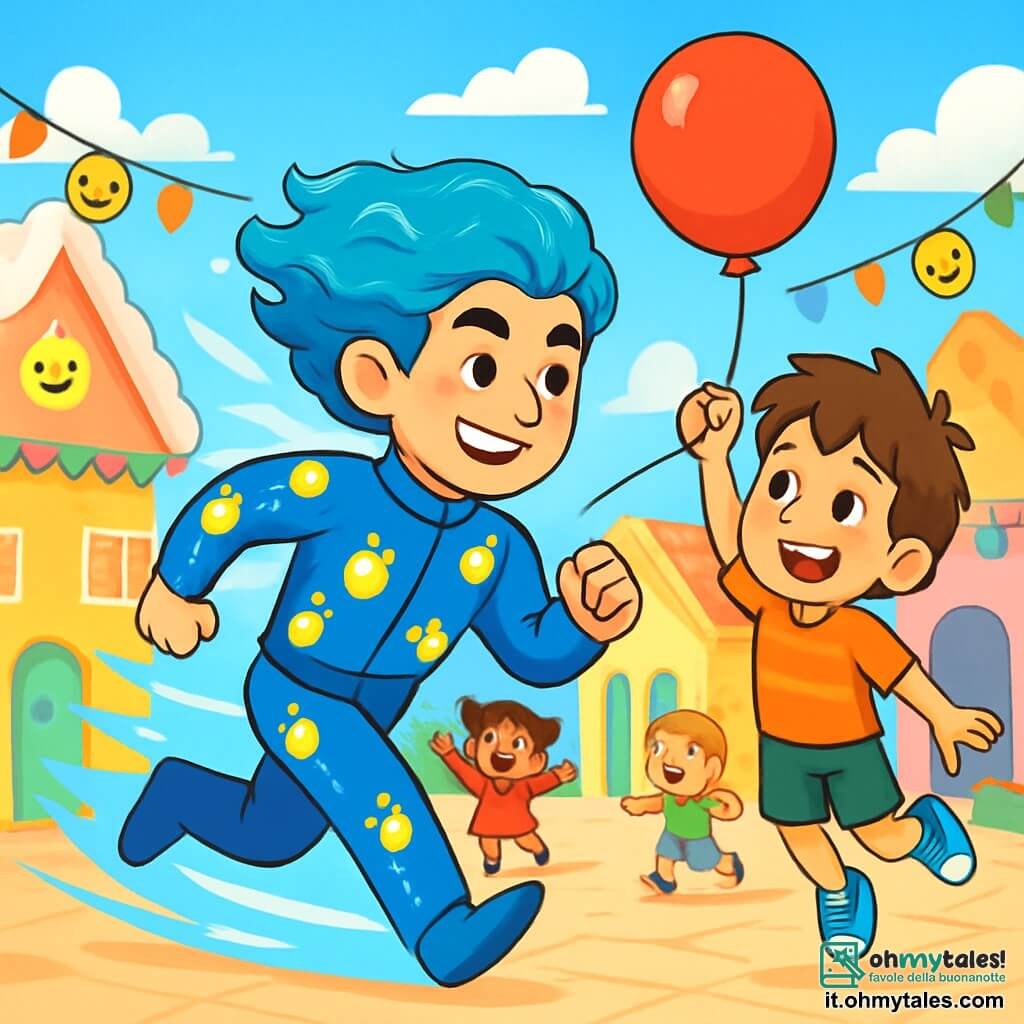 Fulmine Blu, un uomo dai capelli ondulati color oceano, indossa un costume blu brillante decorato con lampade gialle scintillanti. Il suo volto irradia determinazione e gentilezza mentre corre a tutta velocità, lasciando dietro di sé una scia di luce azzurra. Accanto a lui, un ragazzo di 8 anni, con capelli castani arruffati e occhi scintillanti, si aggrappa a un pallone rosso che è sfuggito. Sorride con meraviglia, guardando Fulmine Blu con ammirazione. La scena si svolge nella piazza centrale di Meravigliopoli, dove le case di zucchero filato sono decorate con ghirlande colorate e lanterne sorridenti illuminano il luogo. I bambini giocano intorno, ridendo e divertendosi sotto un cielo blu brillante. Fulmine Blu si lancia per afferrare il pallone rosso prima che voli troppo in alto, pronto ad aiutare il piccolo ragazzo mentre diffonde gioia e luce attorno a sé.
