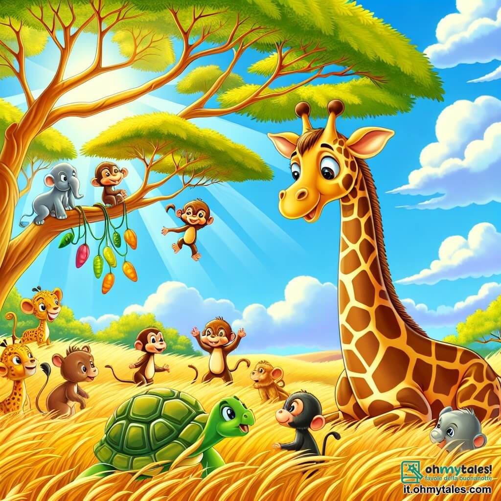 Una maestosa giraffa, con il lungo collo macchiato di marrone e crema, si trova al centro della savana dorata, il suo sguardo curioso e meravigliato. I suoi grandi occhi brillano di eccitazione mentre allunga la testa verso un gruppo di piccoli animali riuniti attorno a lei. Alla sua destra, una piccola tartaruga con il guscio verde e marrone, con un sorriso amichevole, alza la testa in direzione della giraffa, pronta a condividere una nuova avventura. Più lontano, un gruppo di scimmie dispettose, con pellicce marroni e dorate, si aggrappa ai rami di un albero di acacia, ridendo e lanciando frutti colorati. Il paesaggio è una savana soleggiata, punteggiata da erbe dorate che ondeggiano al vento, con alcuni maestosi acacie che offrono ombra. Sullo sfondo, il cielo è di un blu splendente, punteggiato da nuvole bianche e soffici. La giraffa, piena di curiosità, ascolta attentamente le storie degli altri animali, mentre una dolce brezza fa danzare le foglie attorno a loro, creando un'atmosfera gioiosa e amichevole.