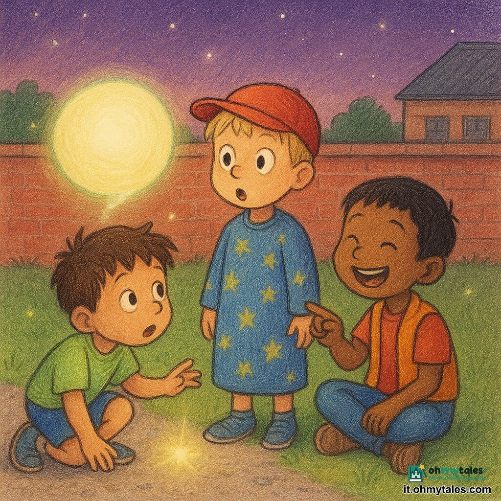Ci sono tre bambini: Leo, circa 6 anni, capelli castani spettinati, maglietta verde chiaro e pantaloncini blu, accovacciato a sinistra, guarda la luce stupito e tende la mano; Nico, circa 6 anni, capelli biondi a caschetto, cappellino rosso e pigiama blu a stelle, in piedi al centro, occhi spalancati e bocca a o di meraviglia; Sam, circa 6 anni, capelli neri lisci, gilet arancione e jeans, seduto a destra sull'erba, ride e indica la luce. Ambientazione: cortile della scuola al crepuscolo, ghiaia e prato, piccolo muro di mattoni rossi con tetto grigio sullo sfondo, qualche lucciola e cielo violetto-rosato con stelle nascenti. Situazione: una grande bolla luminosa rotonda color latte-limone pallido con una sottile scia scintillante come zucchero filato fluttua dietro il muro, emette una calda luce con lieve alone verde menta e lascia cadere una piccola scintilla a forma di ping; i tre bambini sono vicini, meravigliati e curiosi. Stile: colori tenui, tratti di matita visibili, texture carta, atmosfera calma e magica.